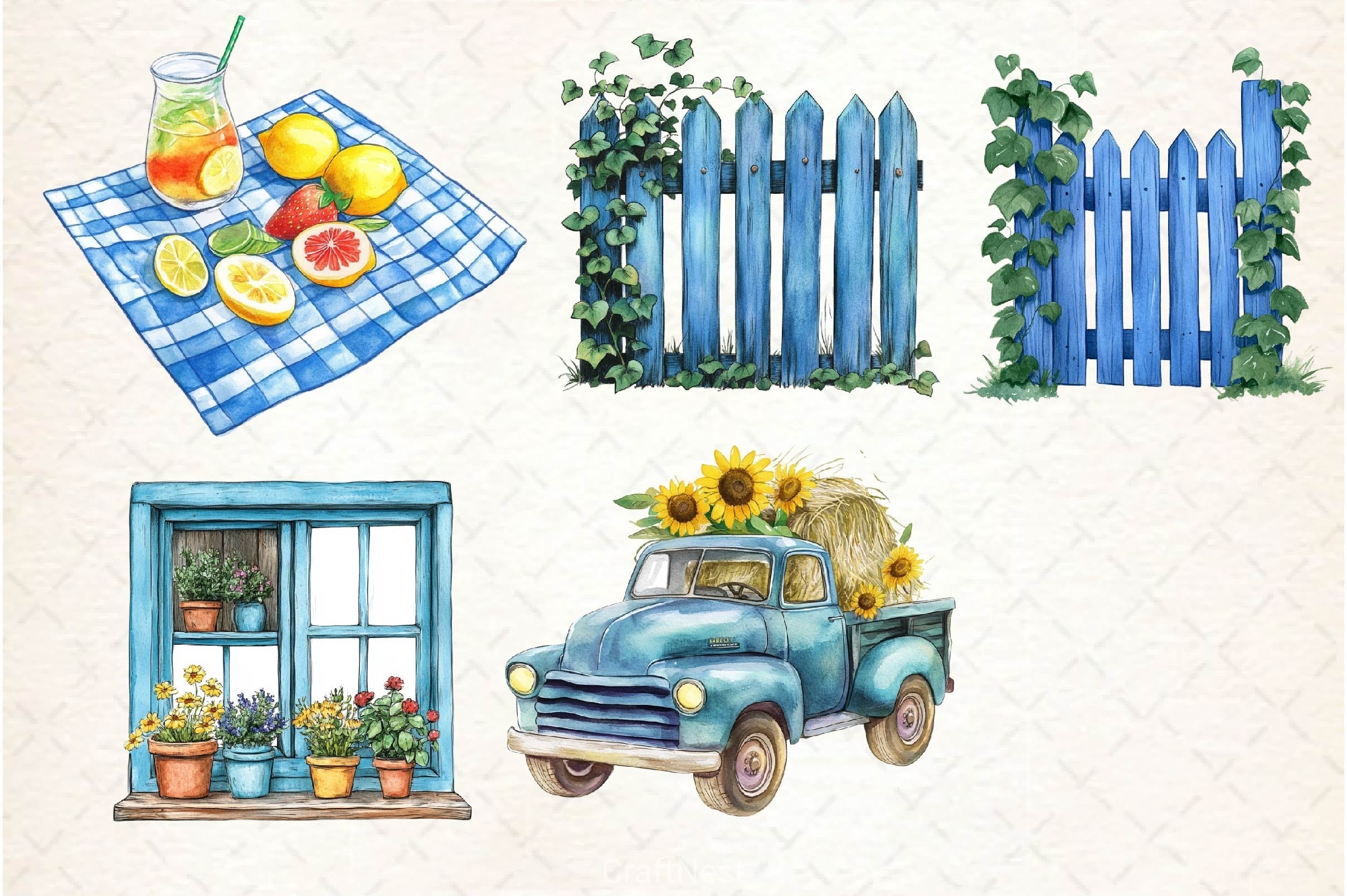 Blue Rustic Summer Clipart Bundle