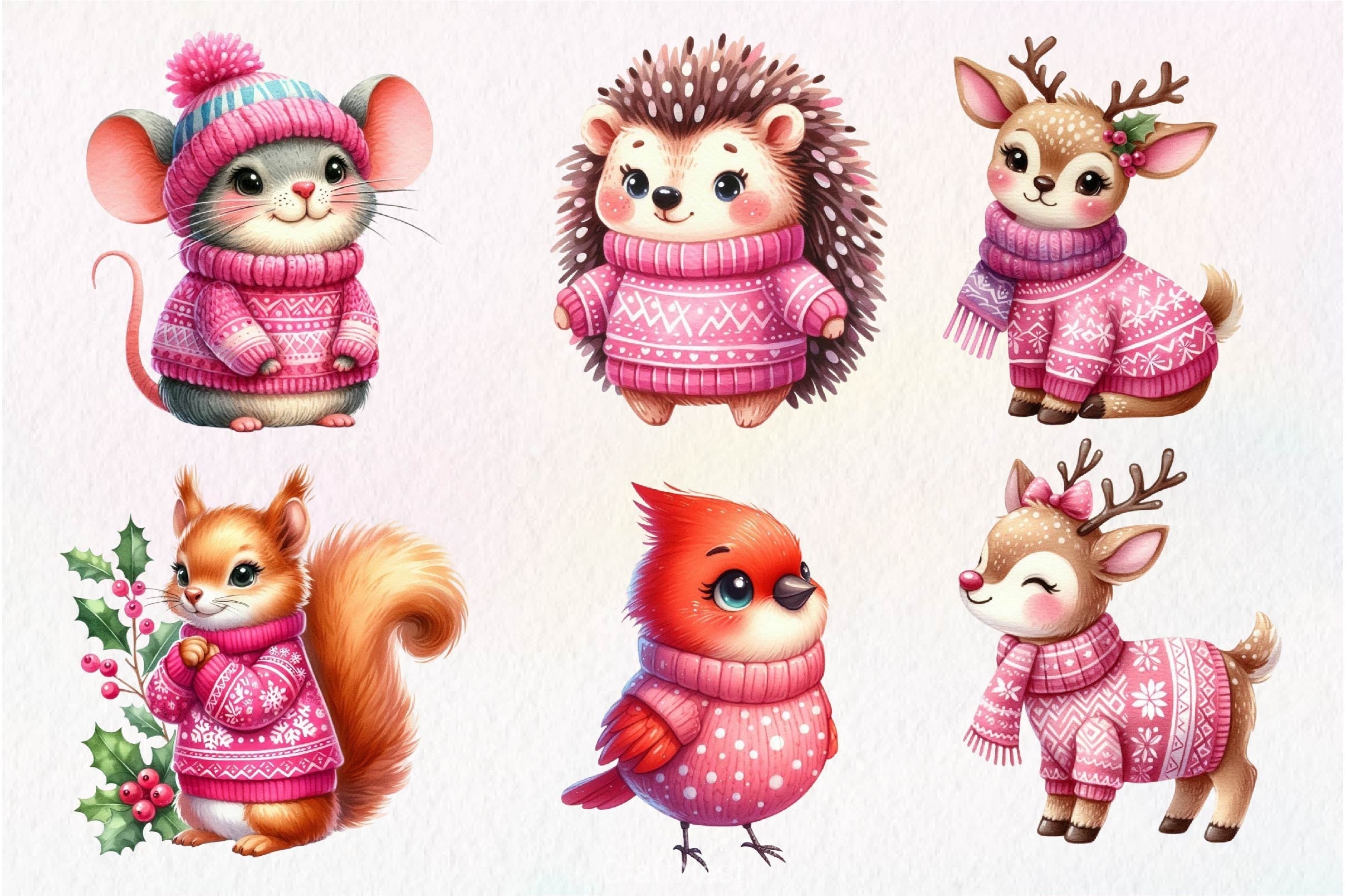 Pink Animals Christmas Clipart Bundle