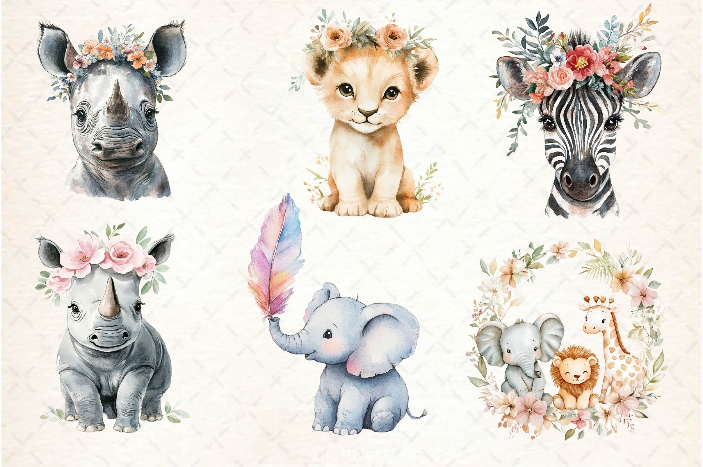 Cute Boho Baby Safari Animals Clipart Bundle 2