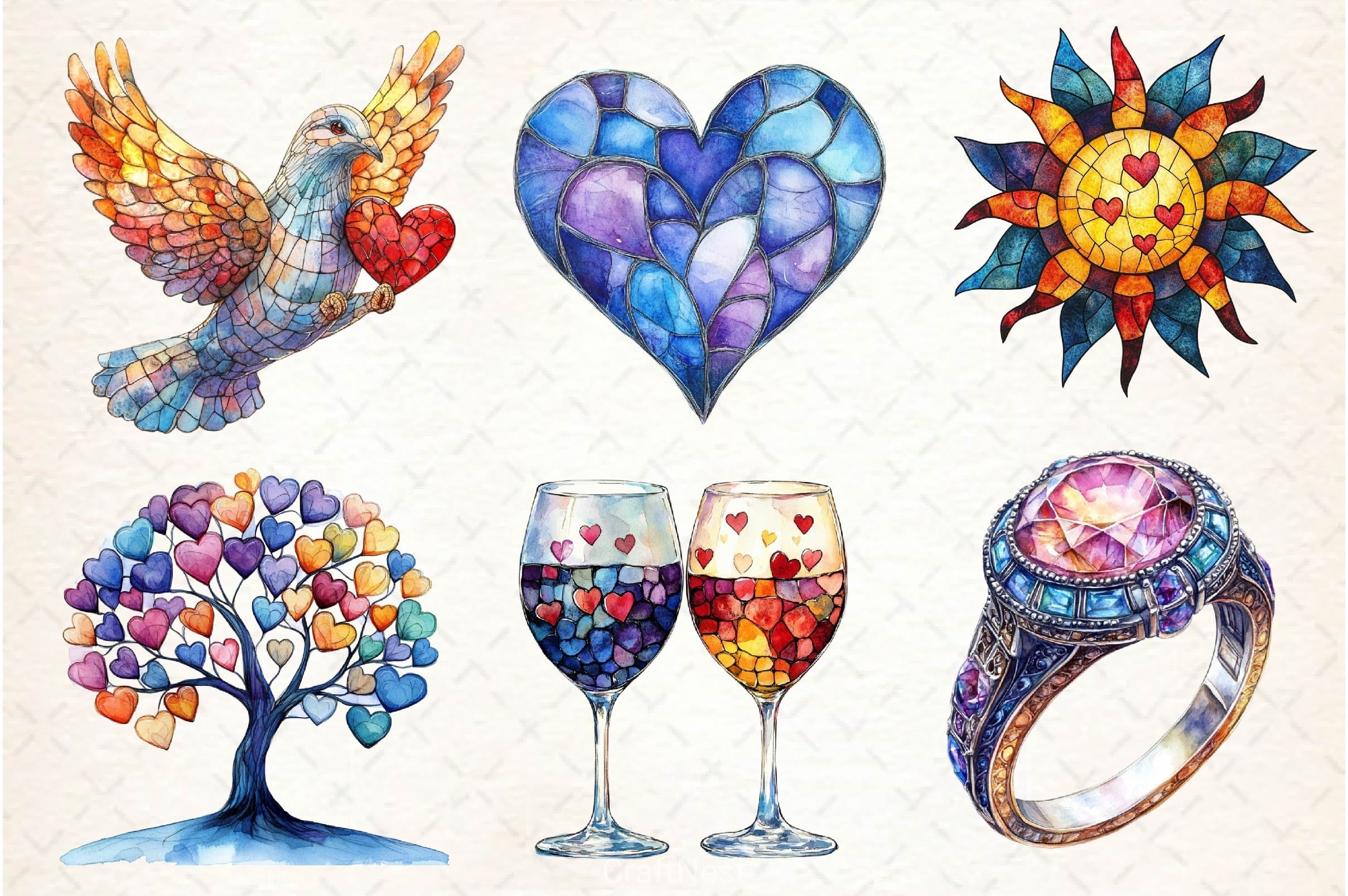Stained Glass Valentines Clipart Bundle