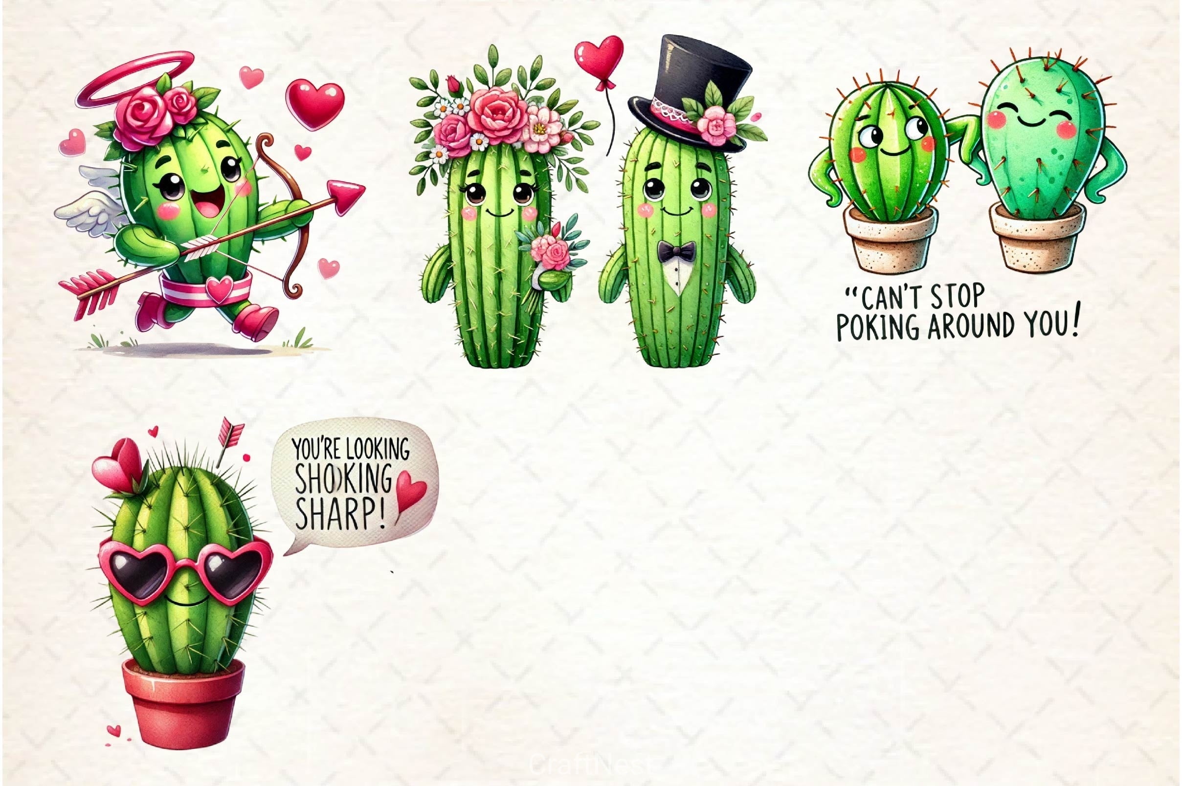 Cute Valentine Funny Cactus Clipart Bundle