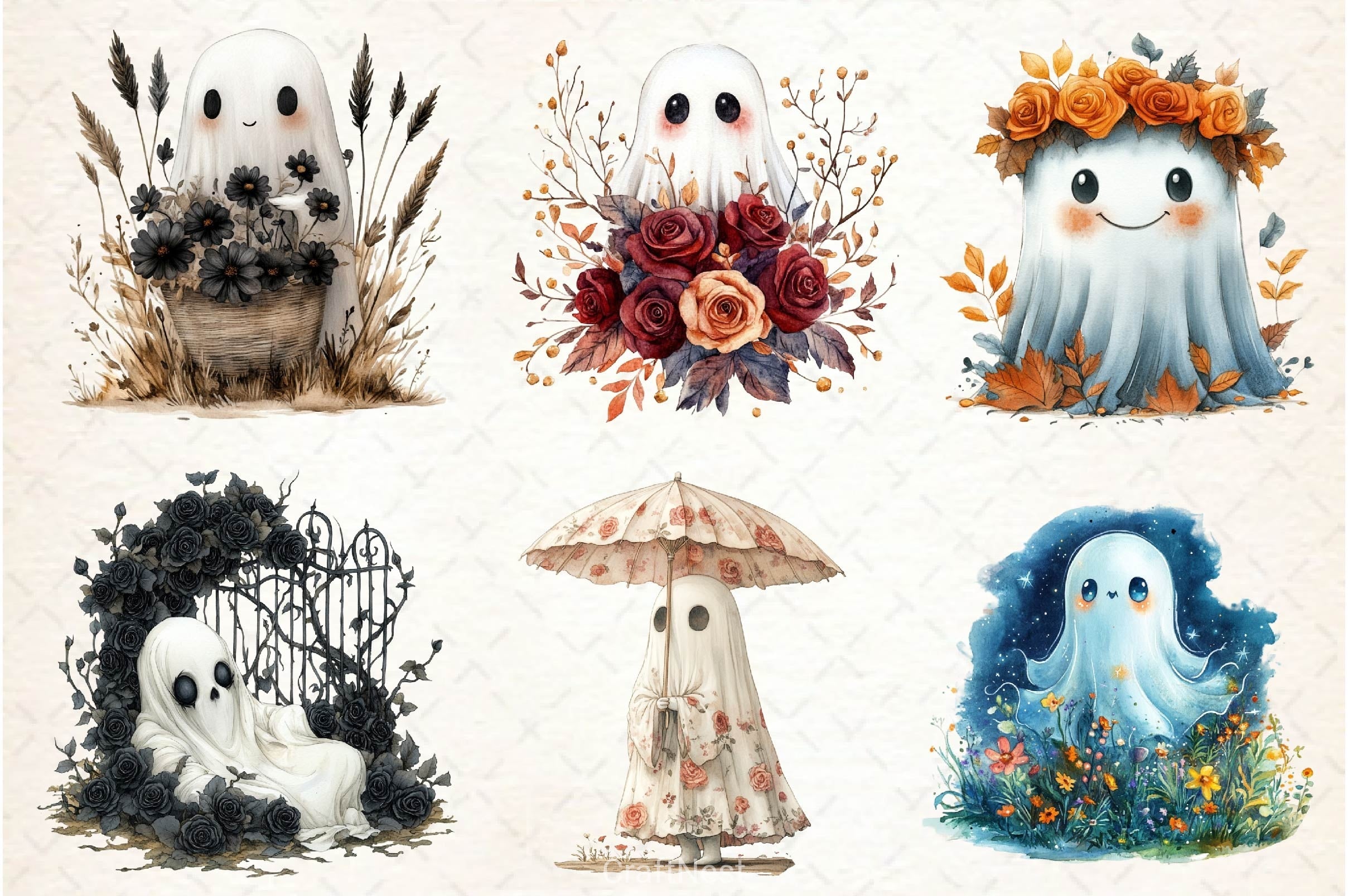 Halloween Floral Ghost Clipart Bundle 3
