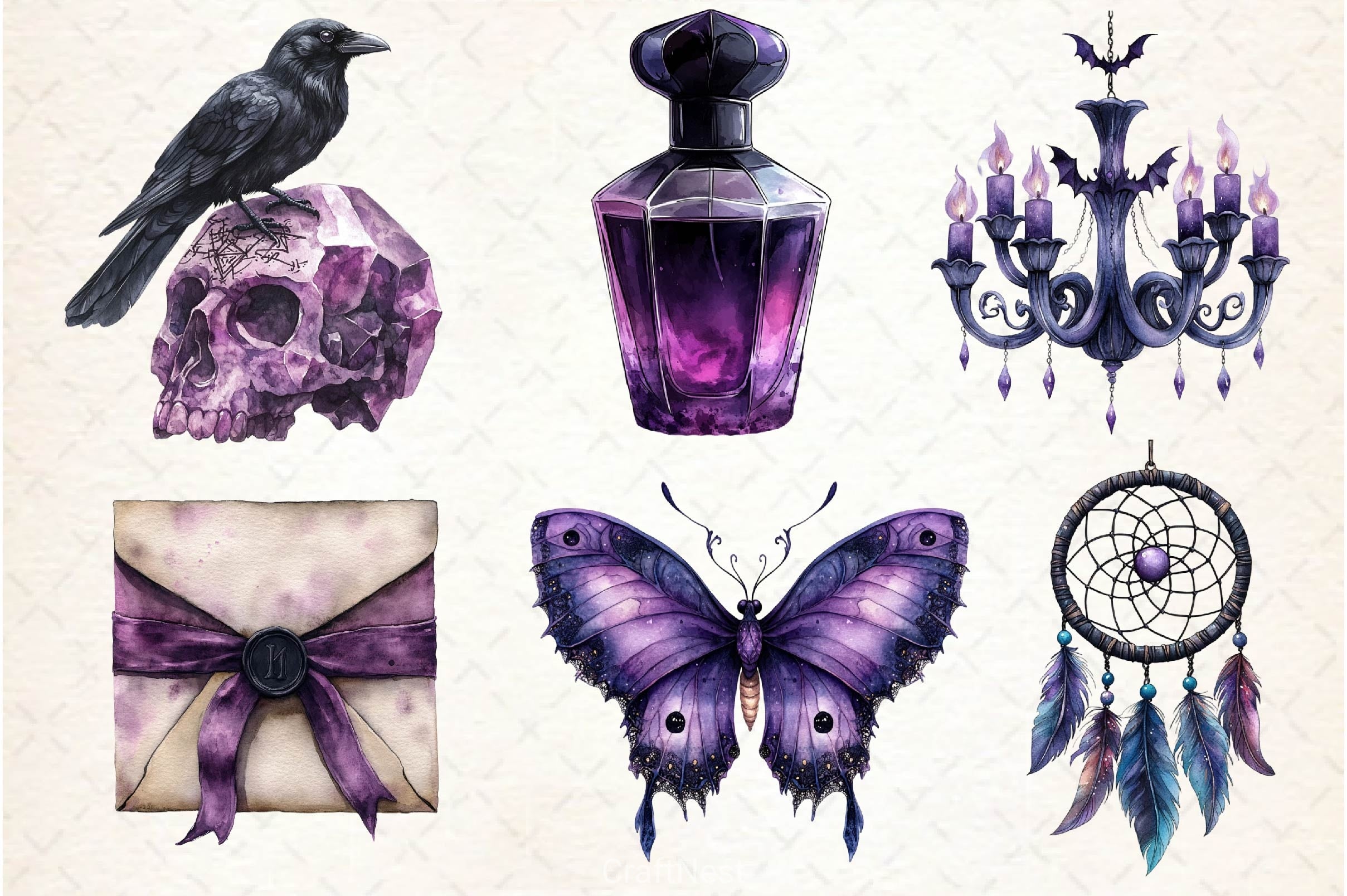 Black Purple Gothic Halloween Clipart Bundle