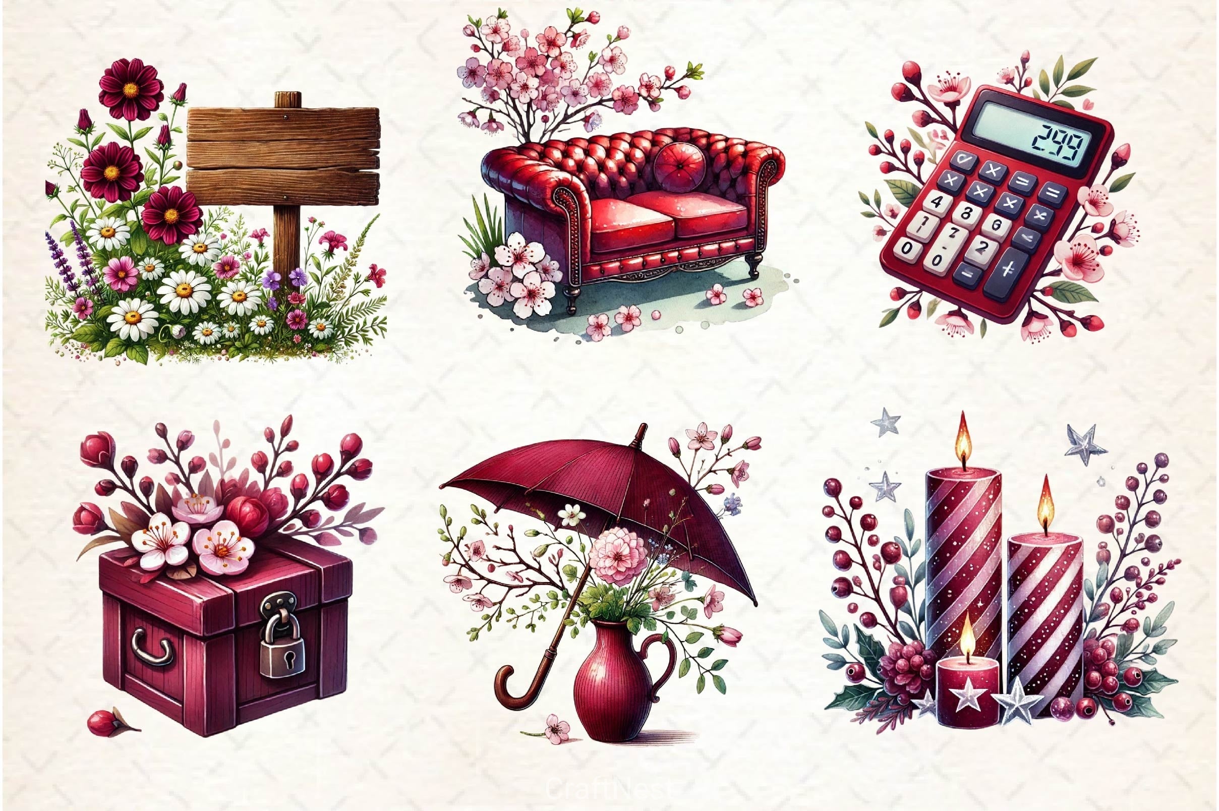 Burgundy Spring Clipart Bundle 7