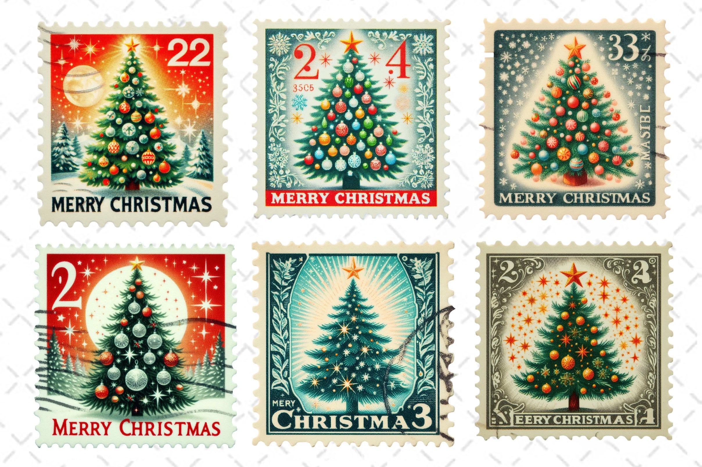 Christmas Tree Postage Stamps Clipart Bundle