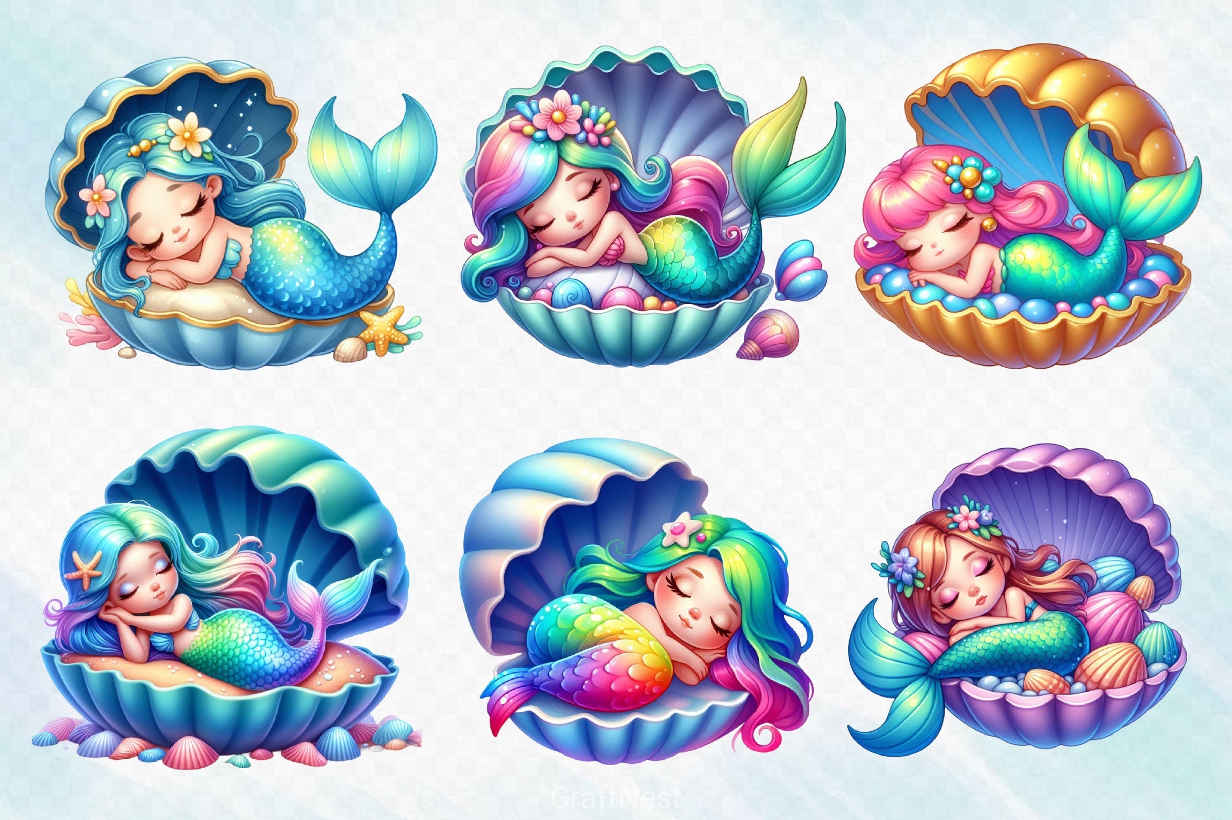 Sleeping Mermaid Clipart Bundle