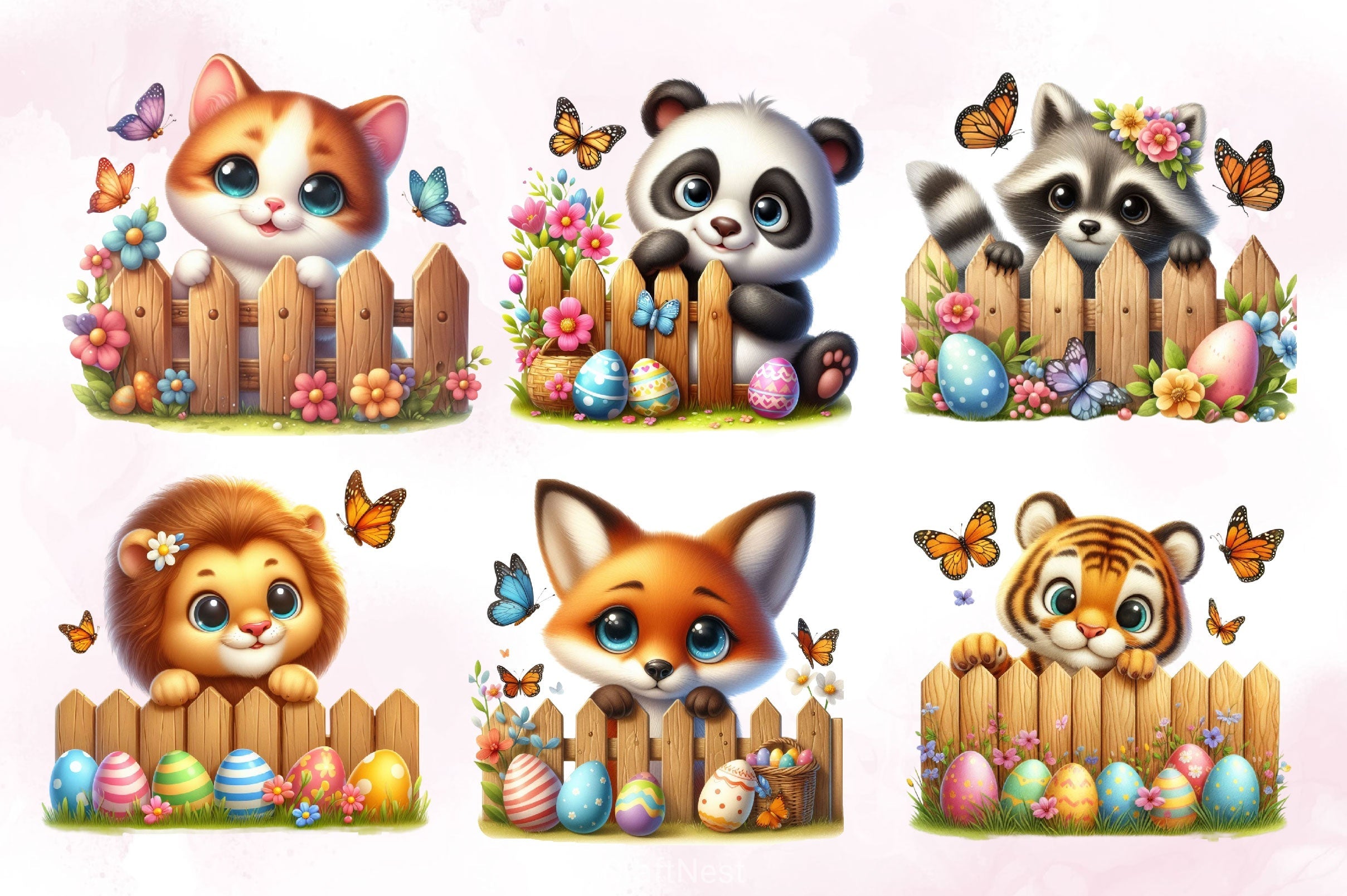 Easter Animal With Wooden Fence Clipart Bundle 5