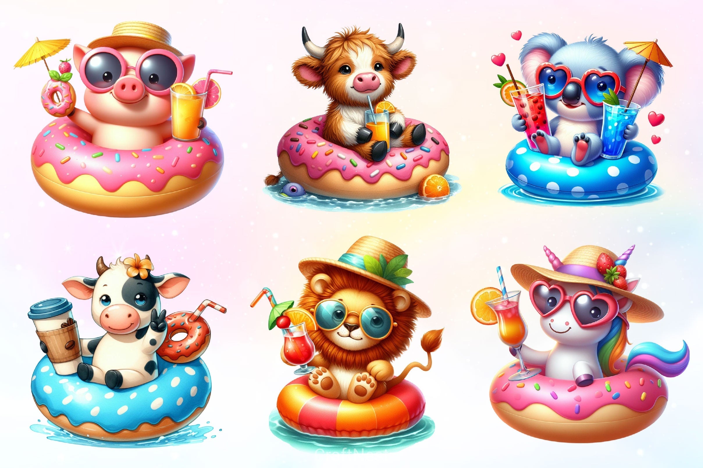 Summer Animals On Float Clipart Bundle 6