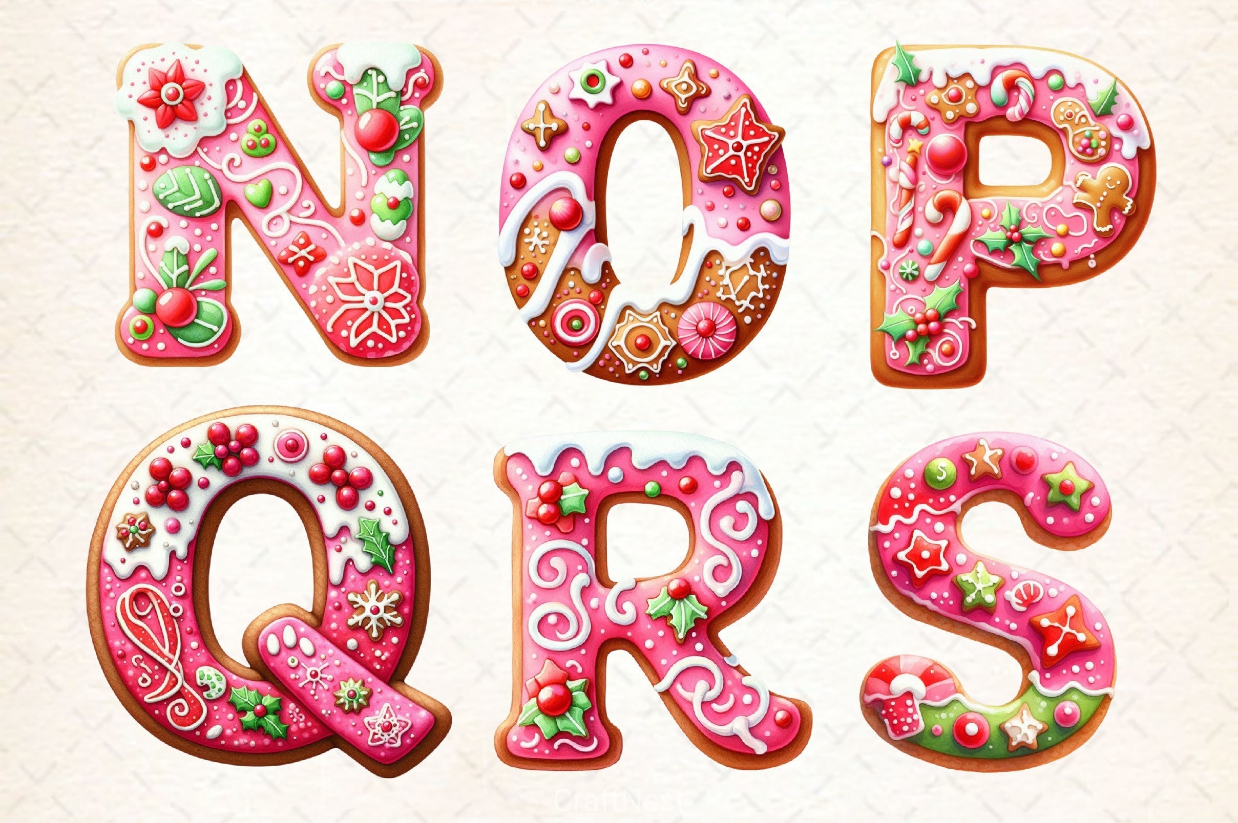 Pink Christmas Gingerbread Alphabet Clipart Bundle 2