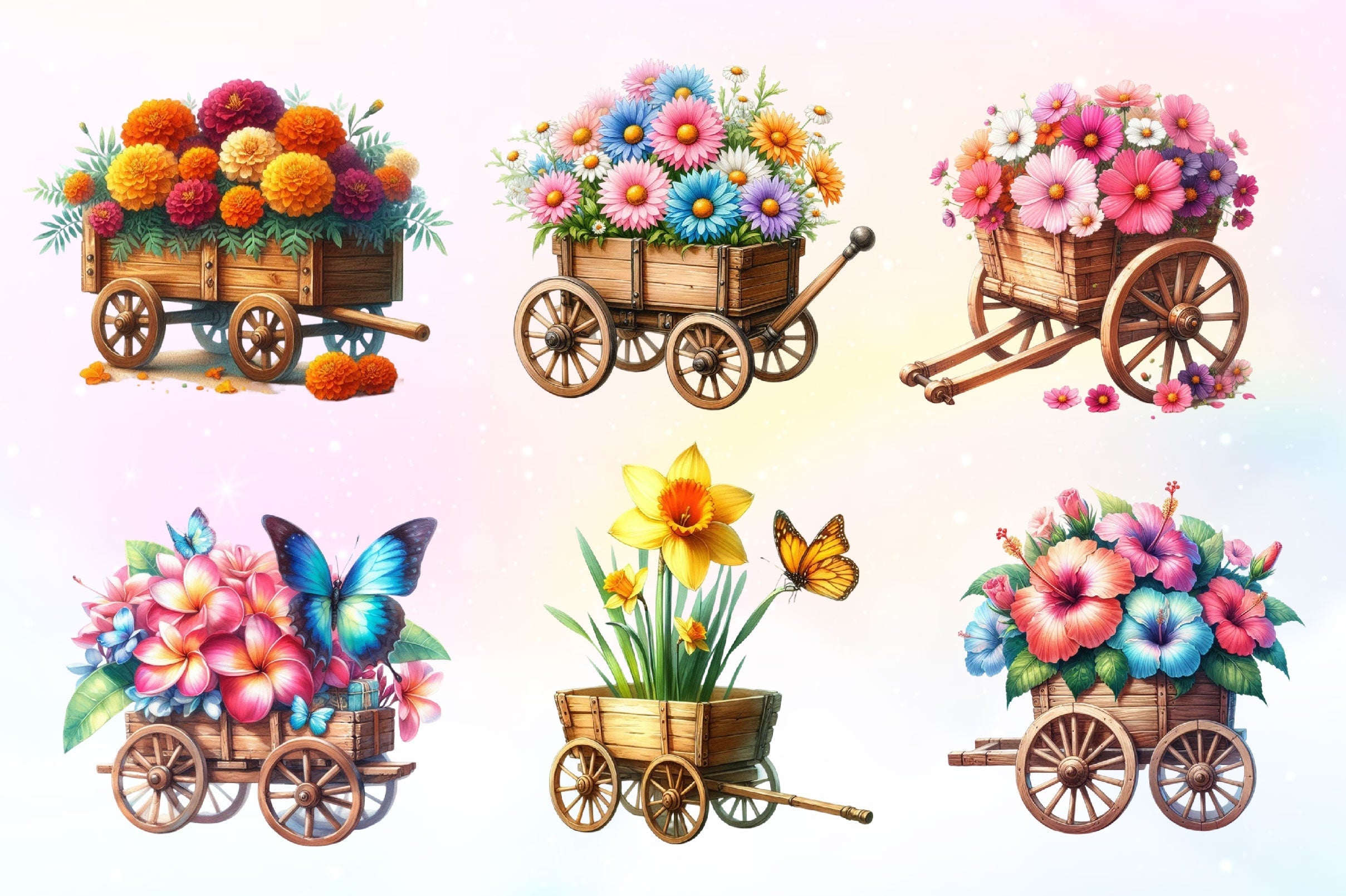 Floral Wooden Wagon Clipart Bundle 2