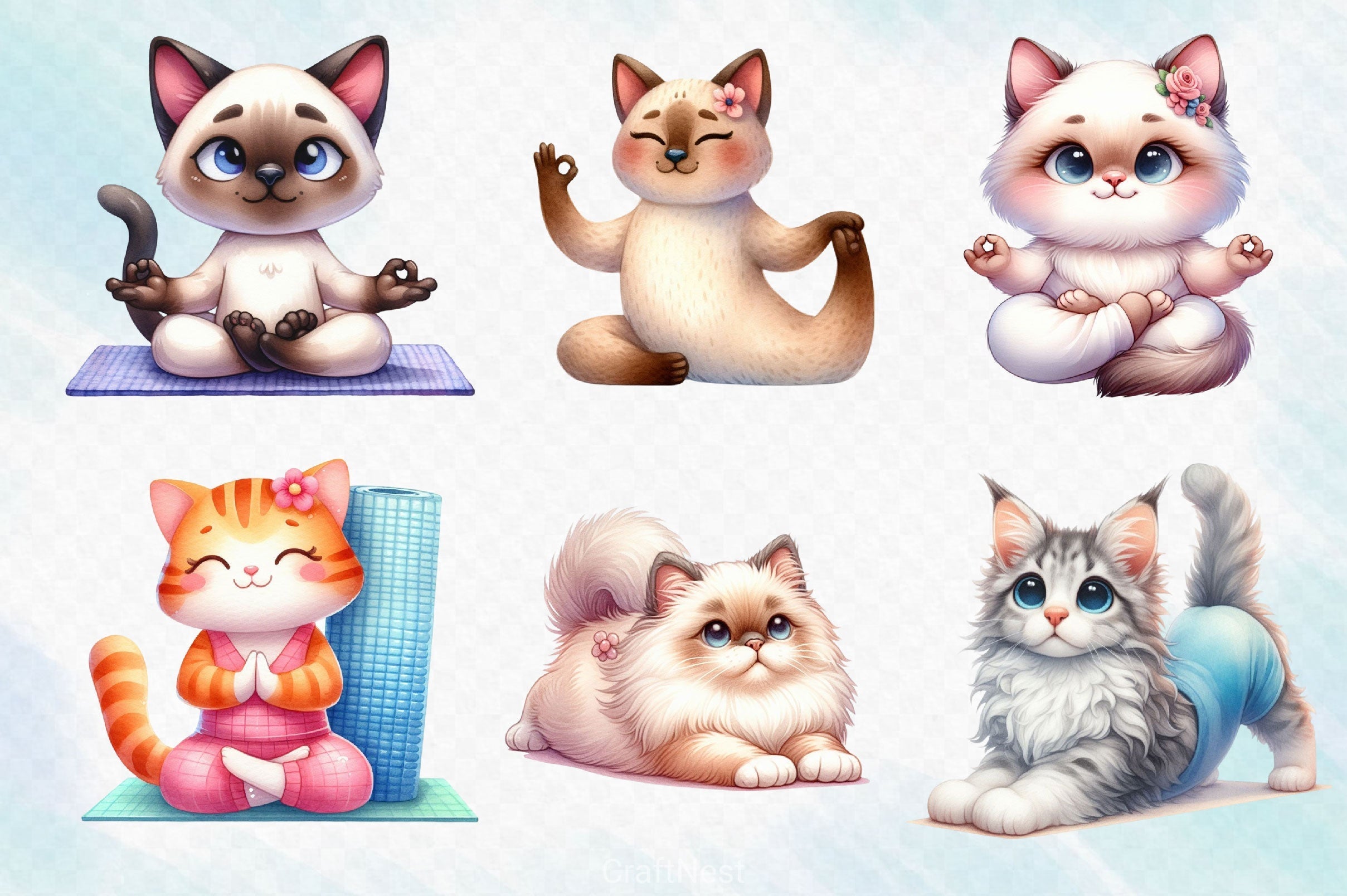 Cute Yoga Cat Clipart Bundle 2
