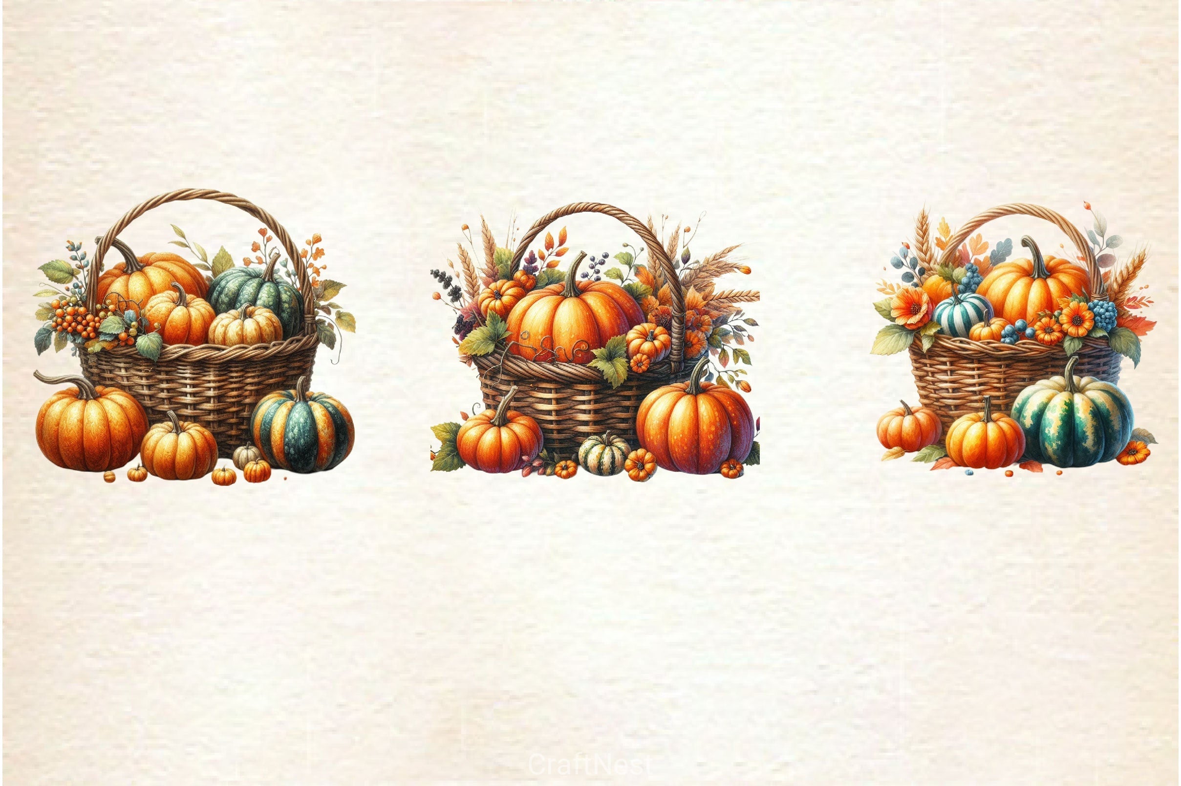 Vintage Pumpkin Basket Clipart Bundle