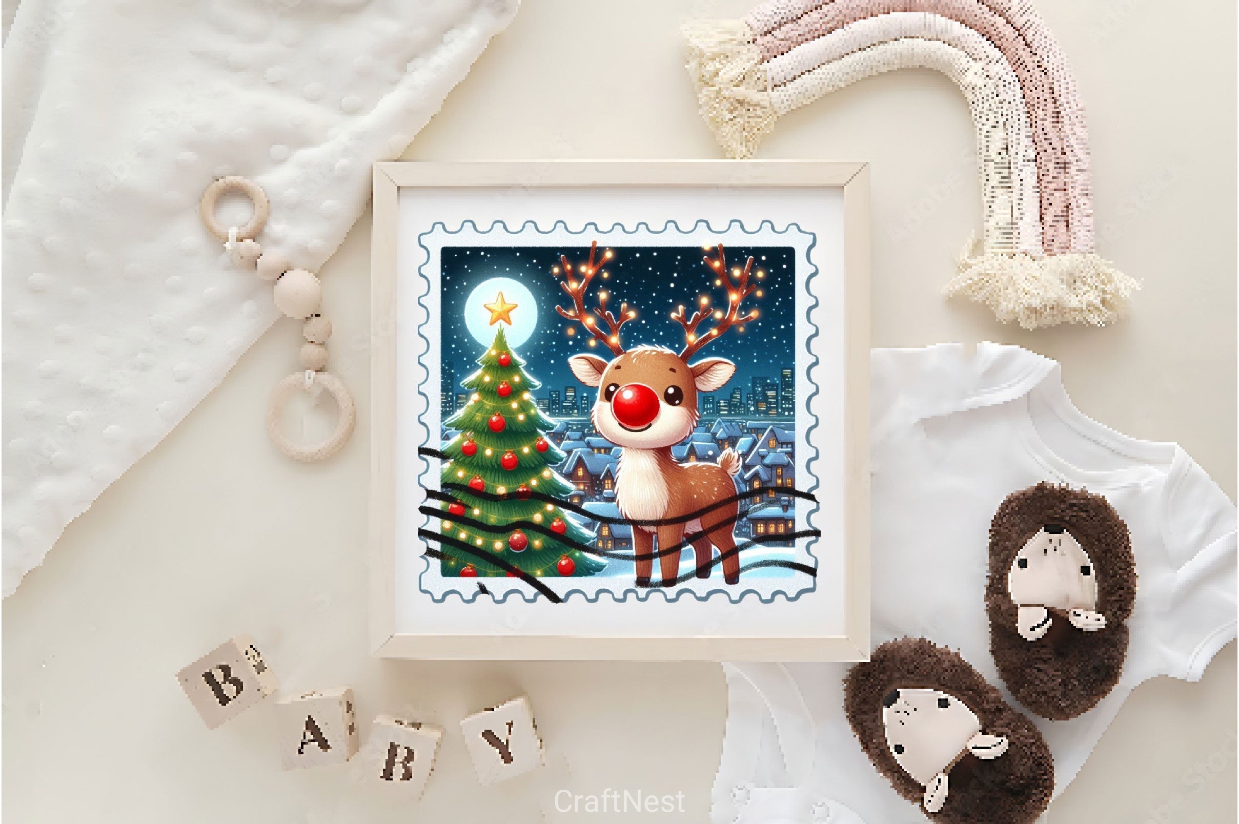 Christmas Reindeer Postage Stamps Clipart Bundle 4