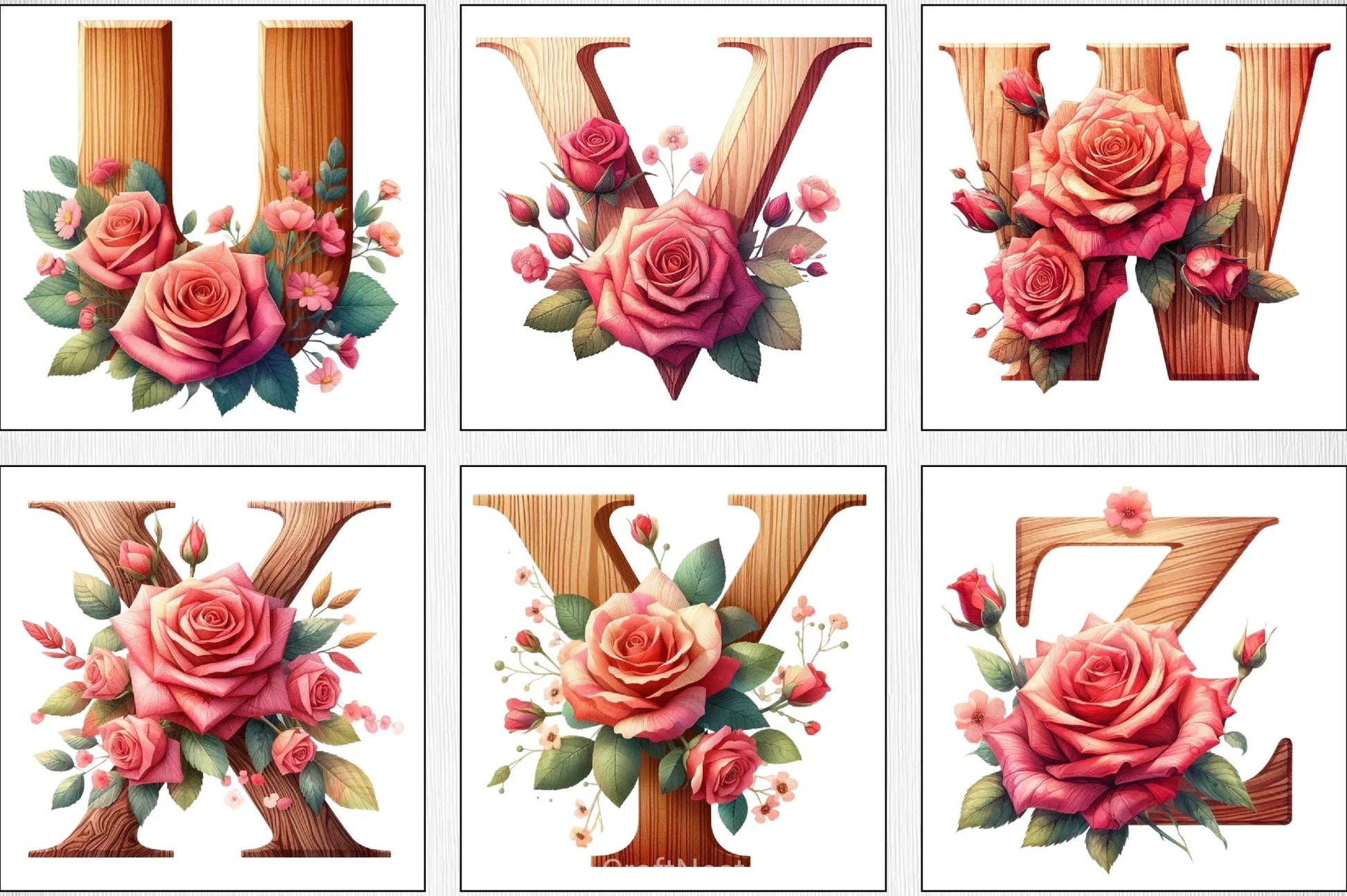 Wood Alphabet Rose Clipart Bundle 1 - CraftNest - Digital Crafting and Art