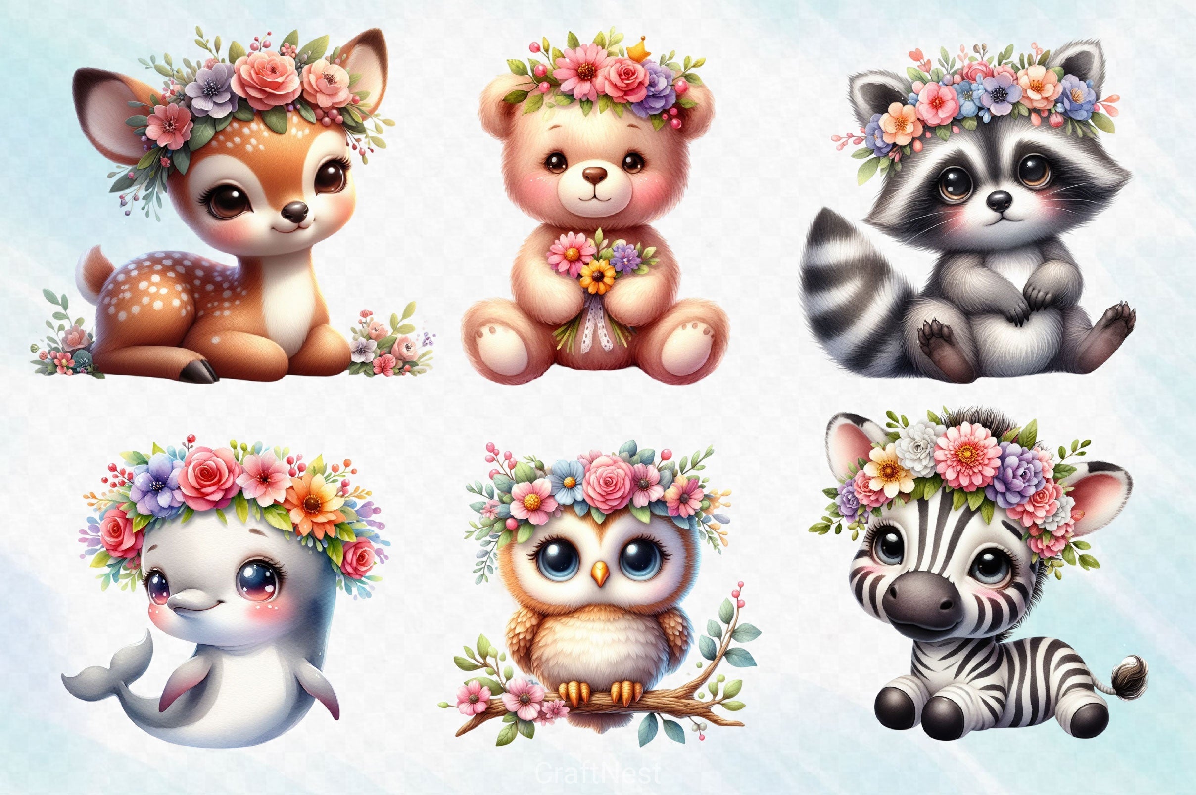 Baby Animals With Flower Crowns Clipart Bundle 2