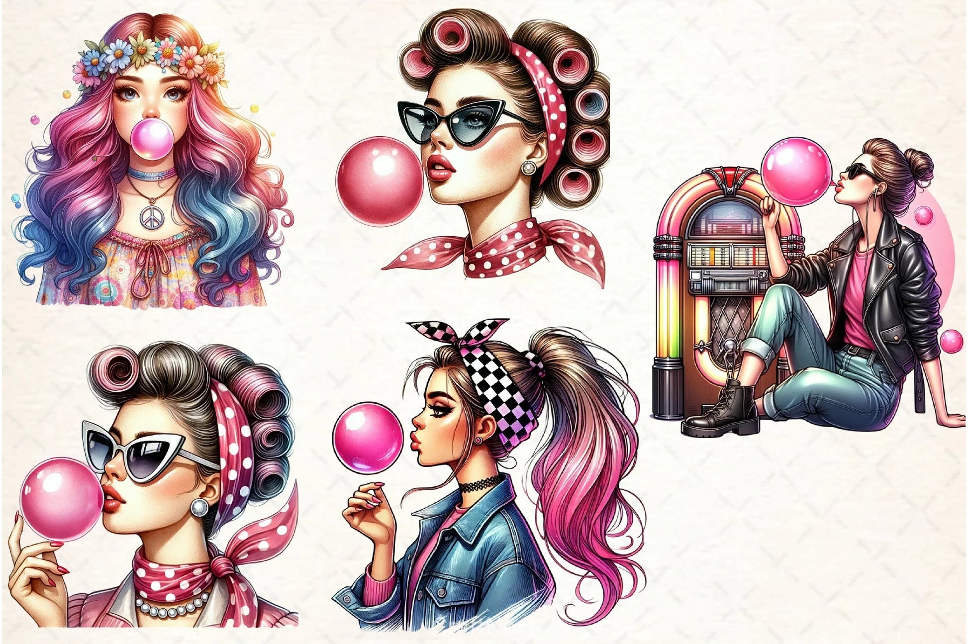 Retro Girl Bubblegum Clipart Bundle - CraftNest - Digital Crafting and Art