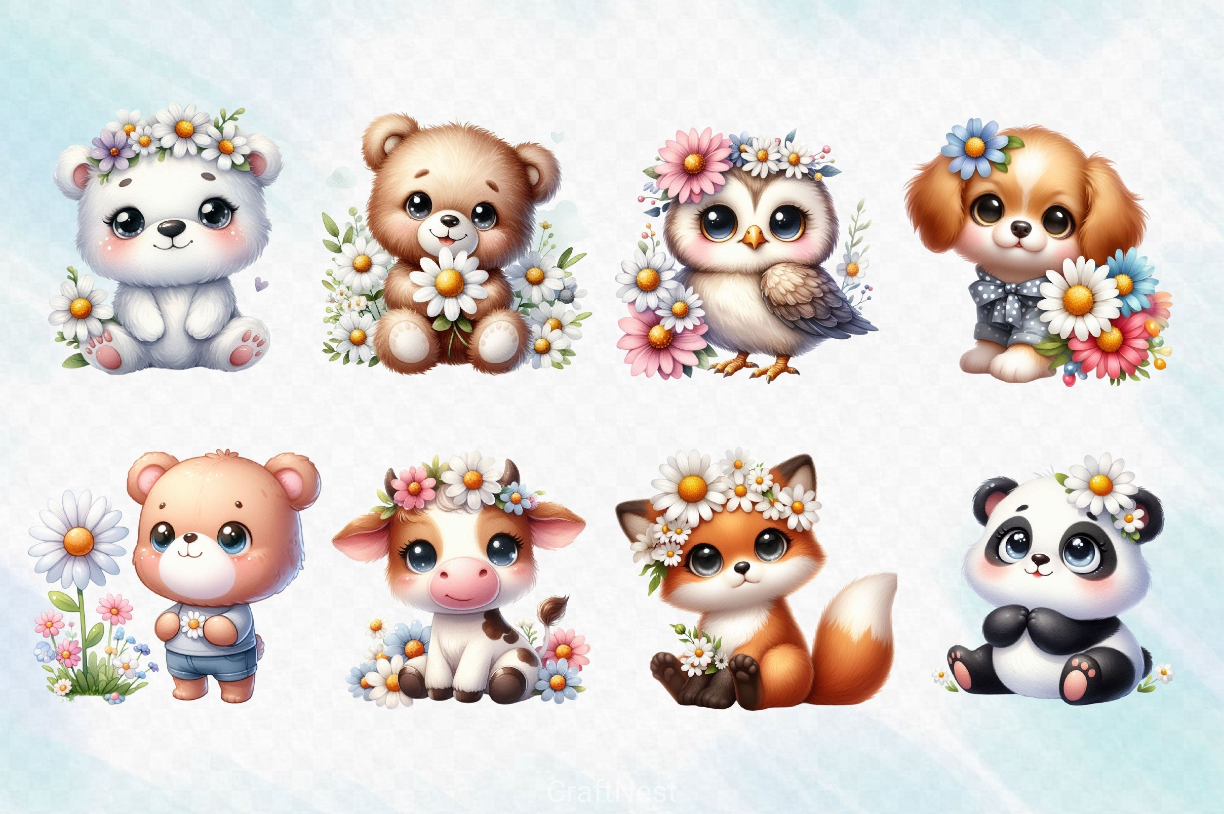 Cute Animals Daisy Flowers Clipart Bundle 2