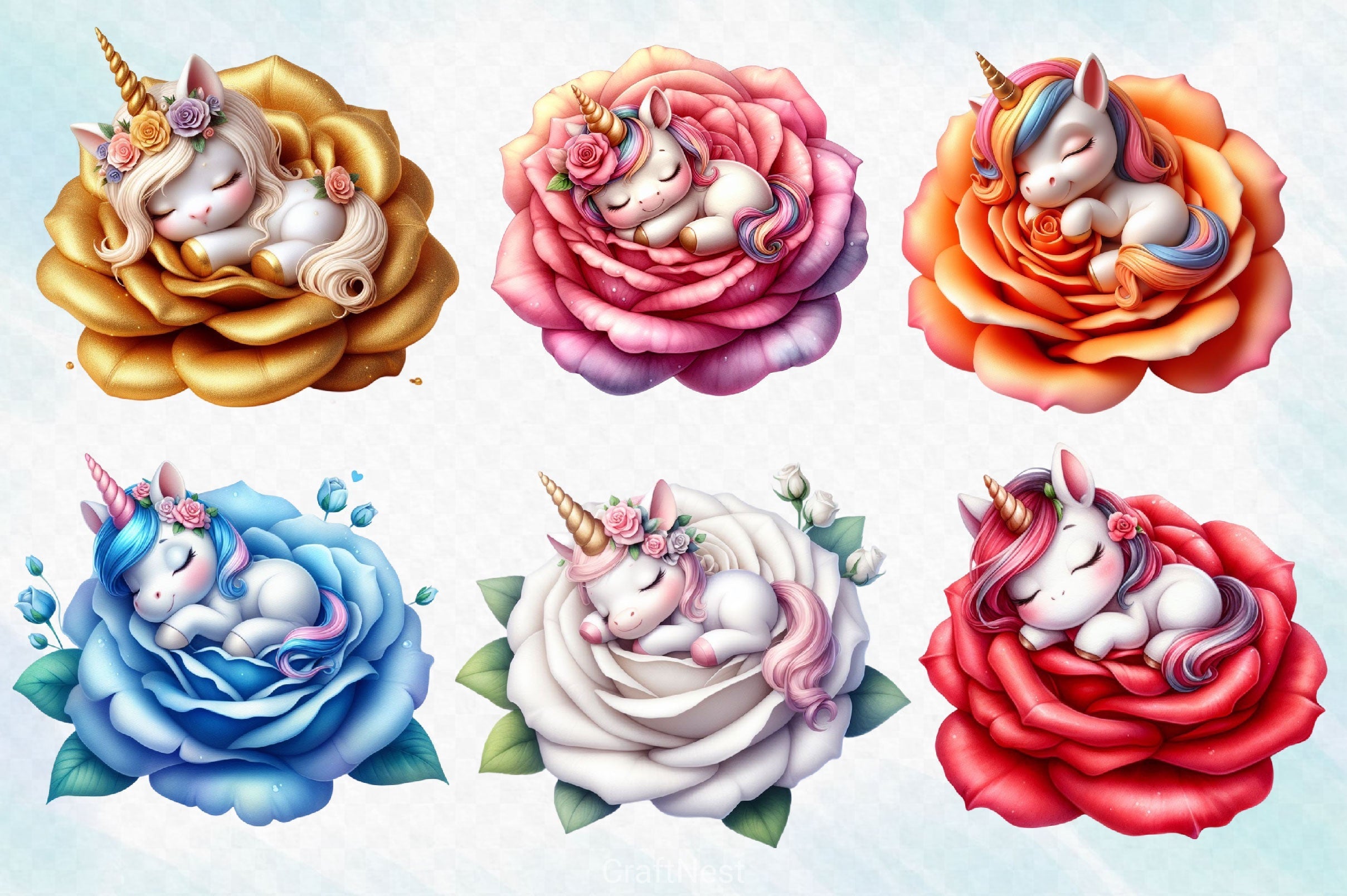 Baby Unicorn In Flowers Clipart Bundle 6