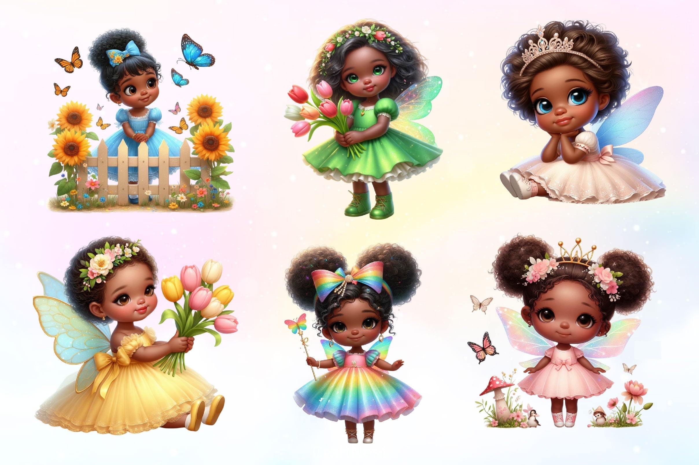 Little Black Fairy African Girl Watercolor Clipart Bundle