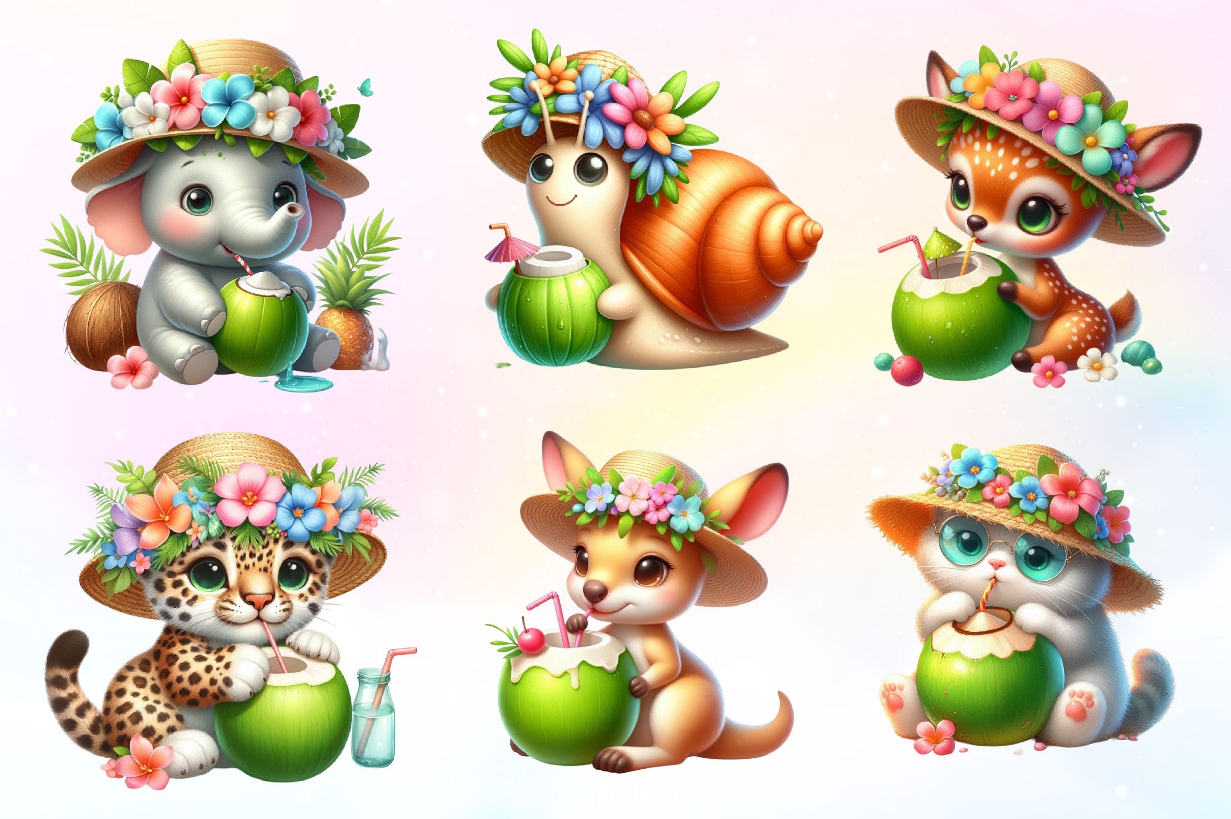 Summer Animals Eating Green Coconut Clipart Bundle 2