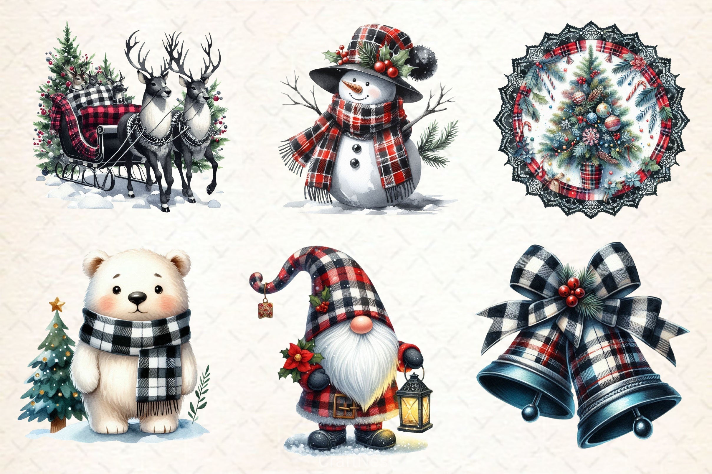 Black & White Plaid Christmas Clipart Bundle 2