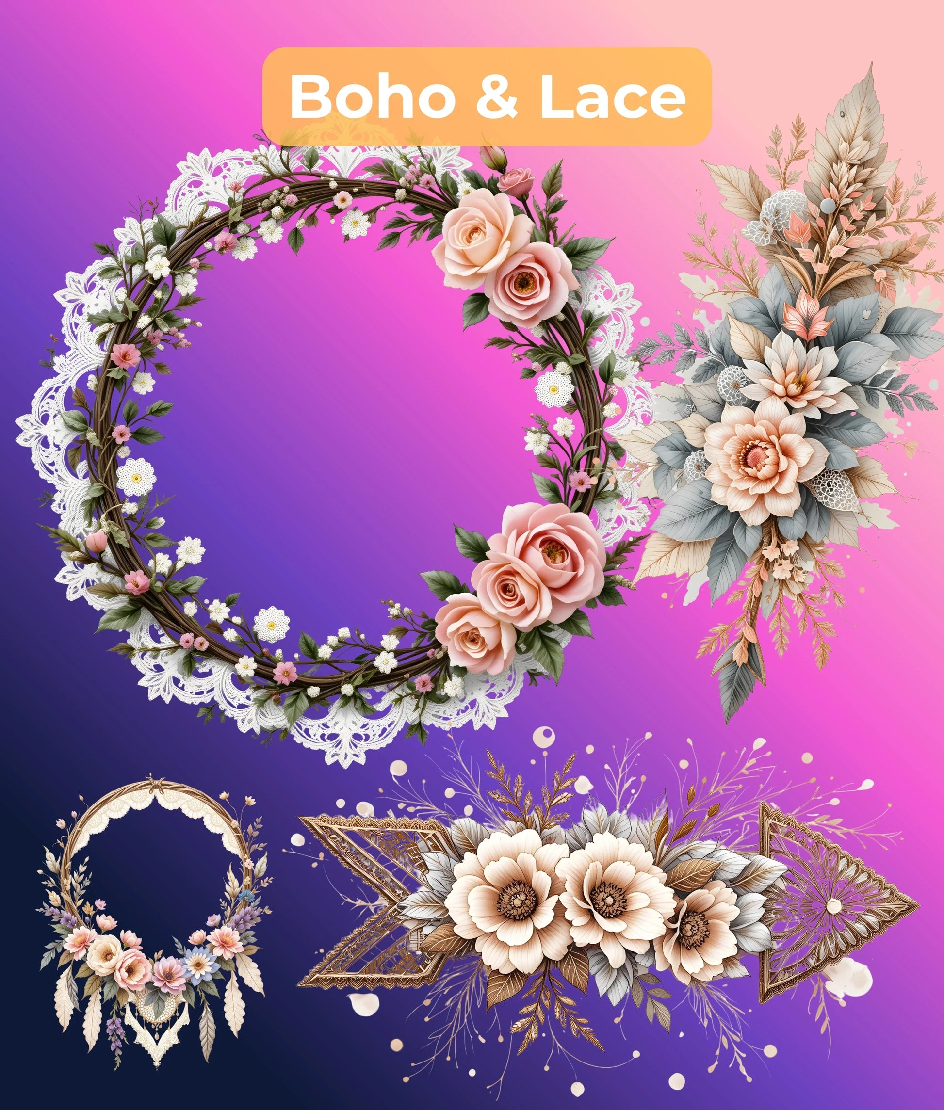 Premium Boho Lace Floral Clipart Bundle - CraftNest - Digital Crafting and Art