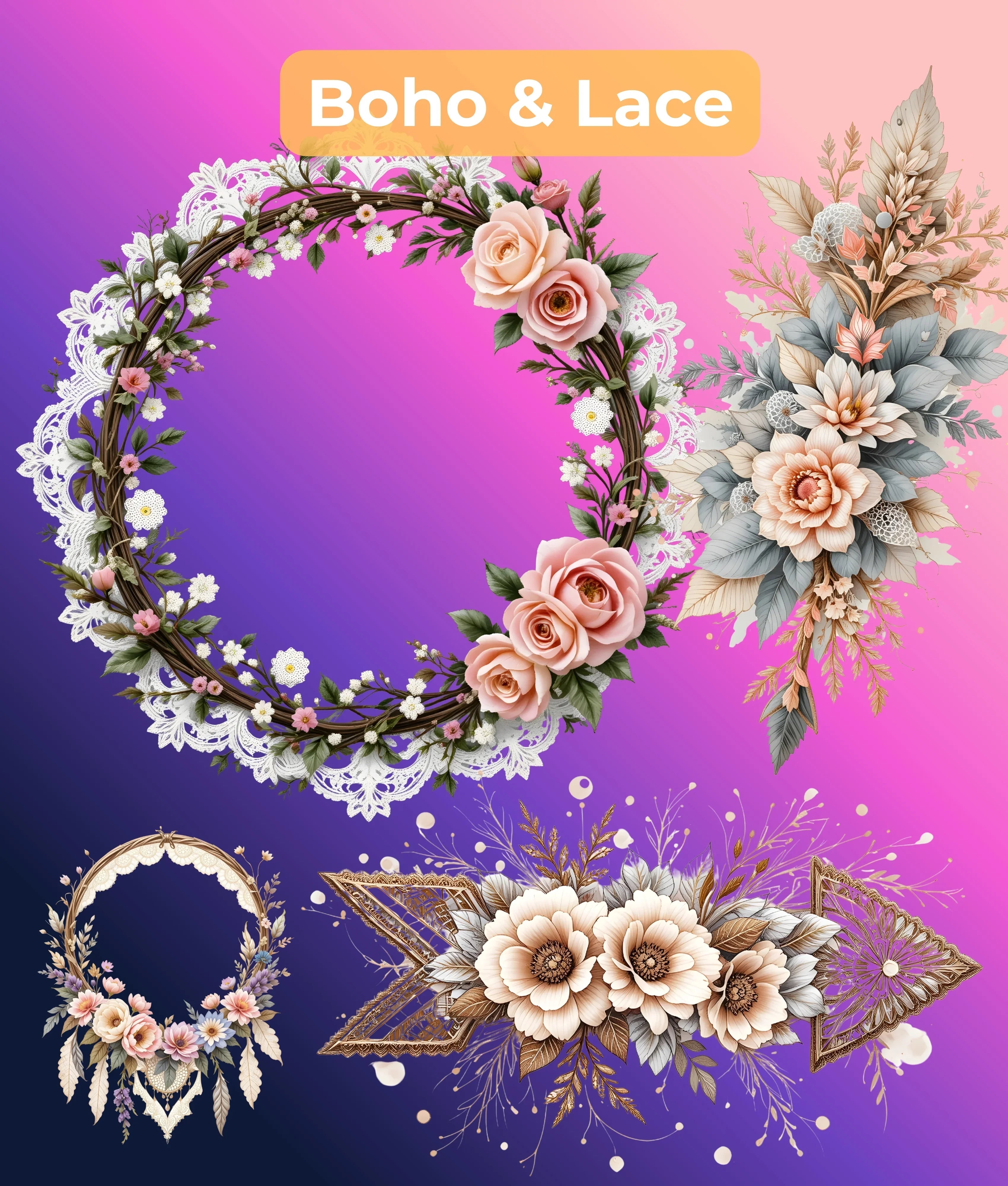 Premium Boho Lace Floral Clipart Bundle - CraftNest - Digital Crafting and Art