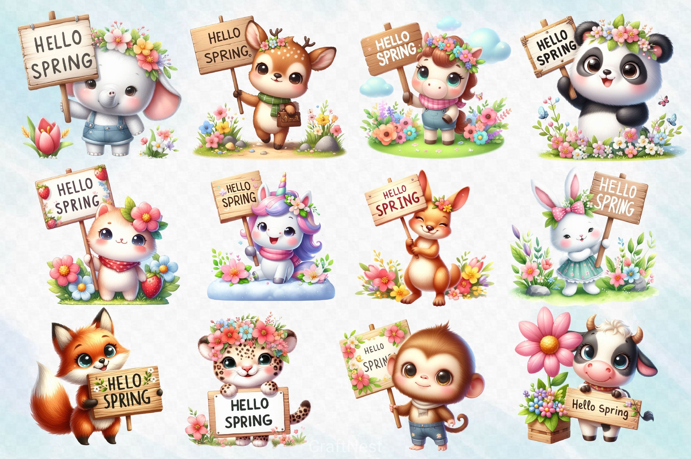Animal Hello Spring Clipart Bundle 2