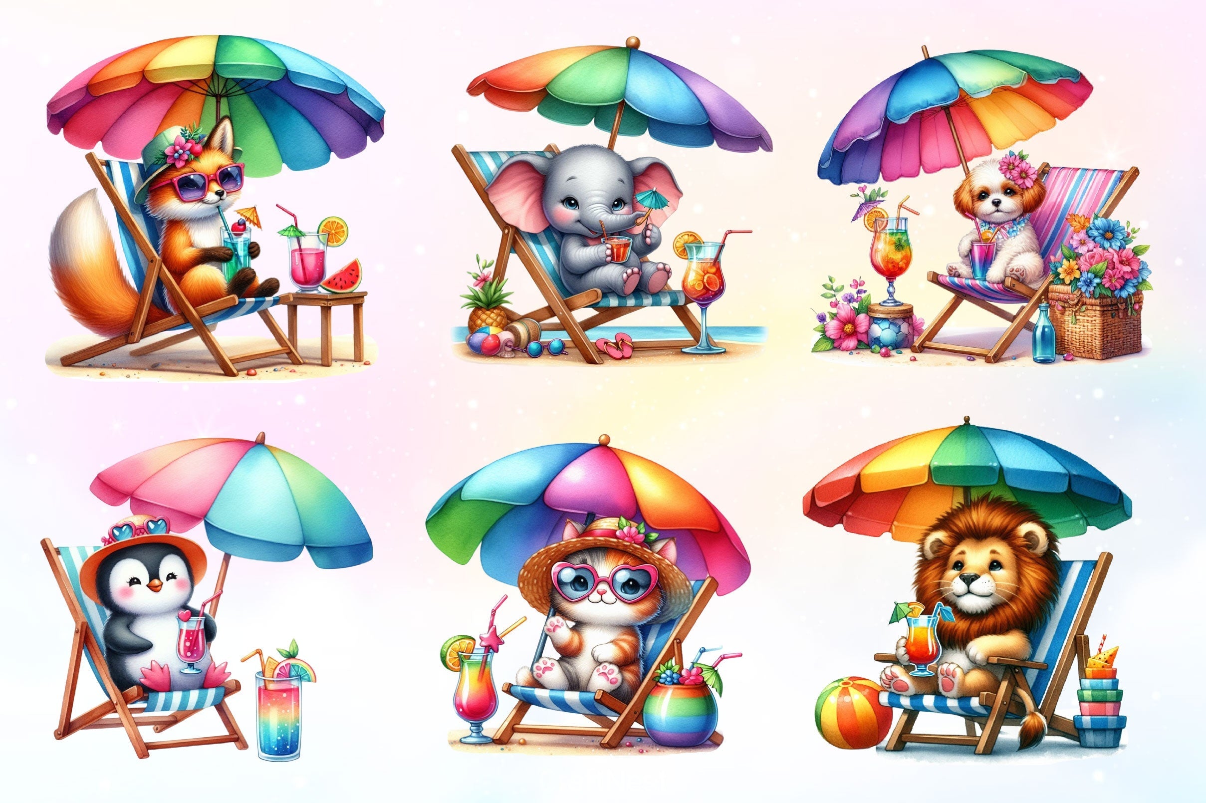 Summer Animals Relaxing On Beach Clipart Bundle 3