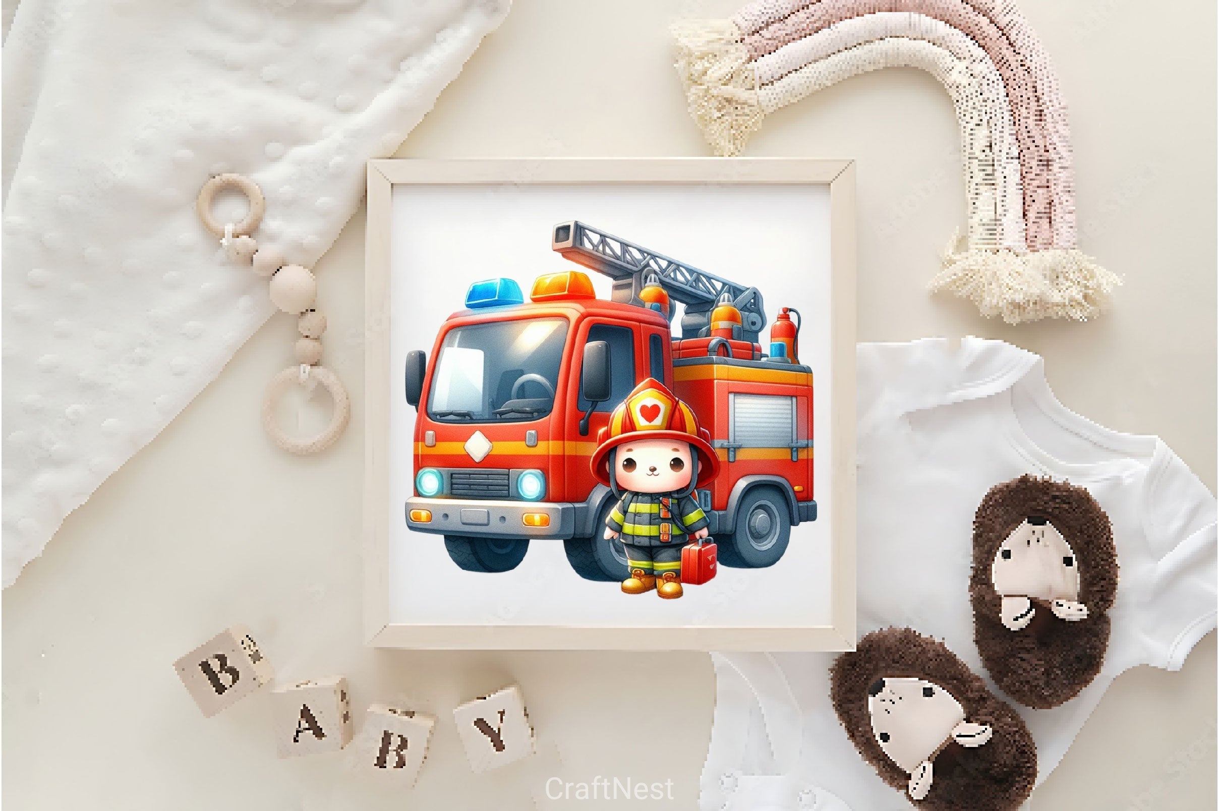 Cute Firefighters Fire Truck Clipart Bundle