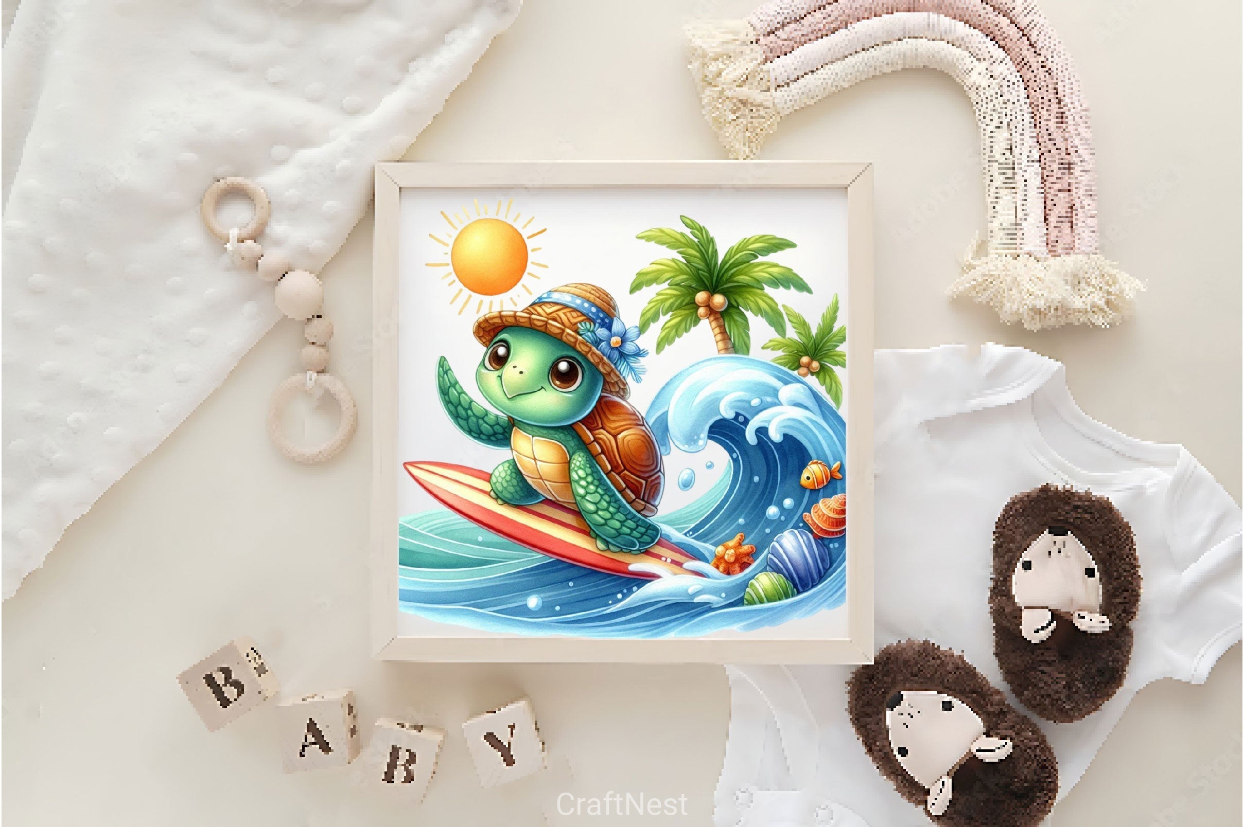 Summer Turtle Surfing On Wave Clipart Bundle 2