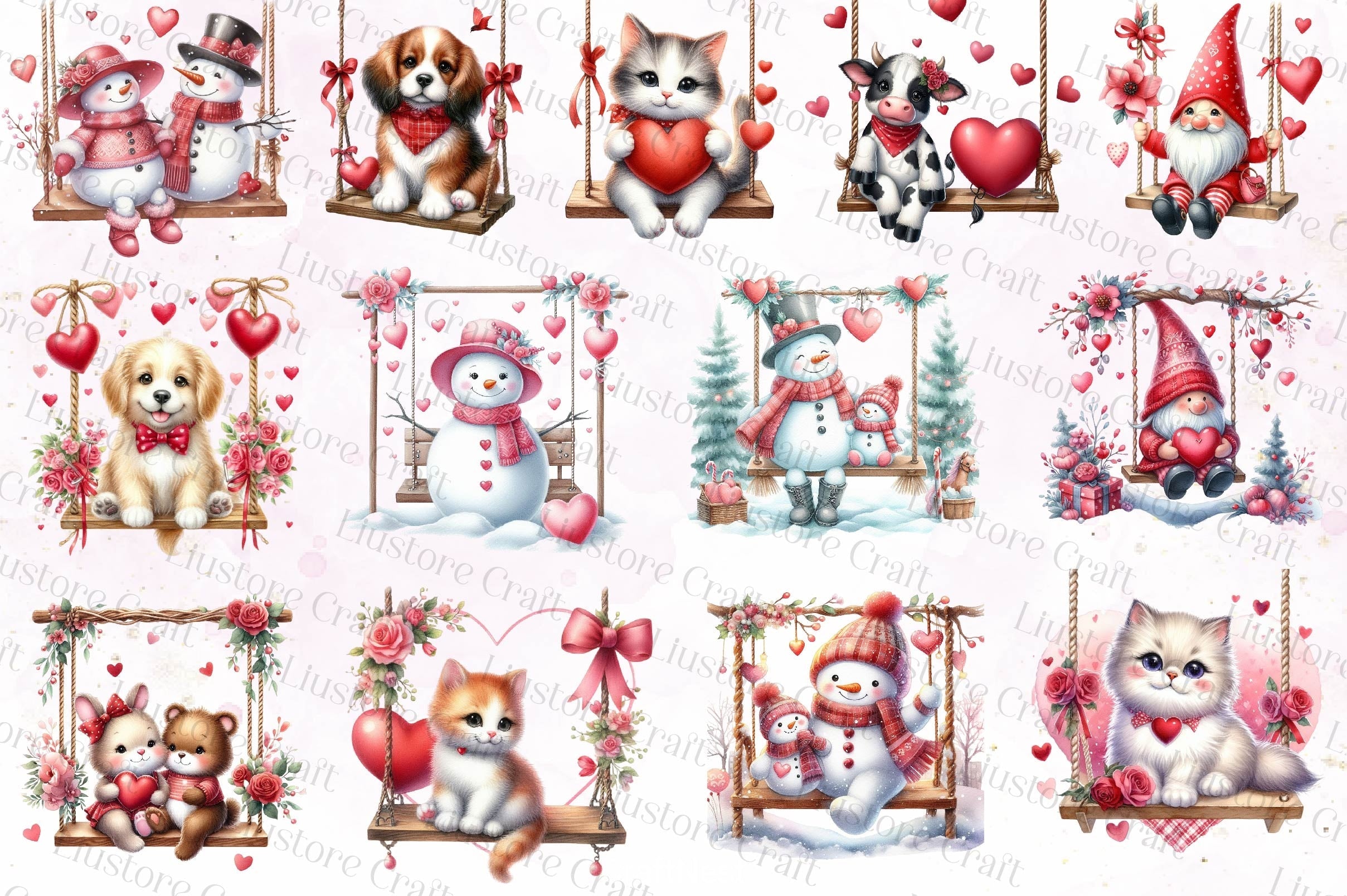 Valentines Animals On Swings Clipart Bundle