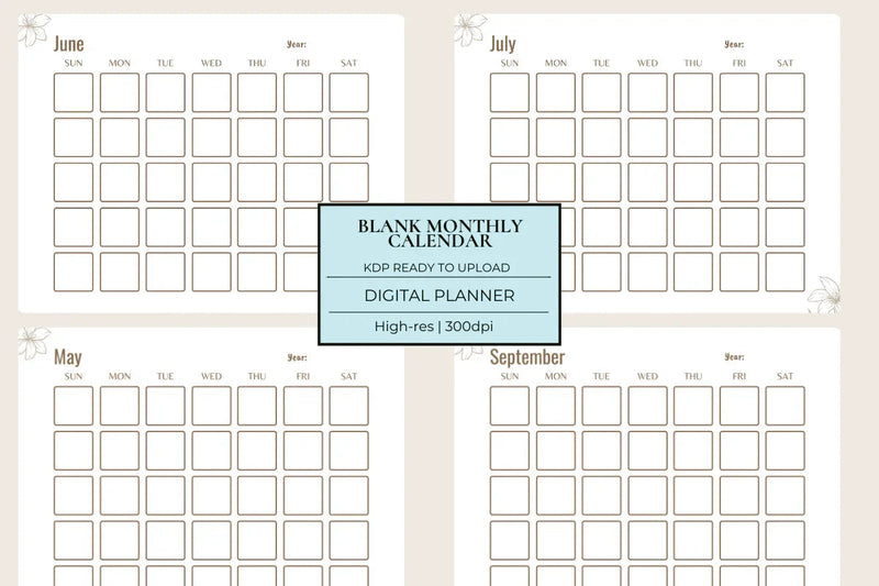 Blank Monthly Calendar KDP Planner - CraftNest - Digital Crafting and Art