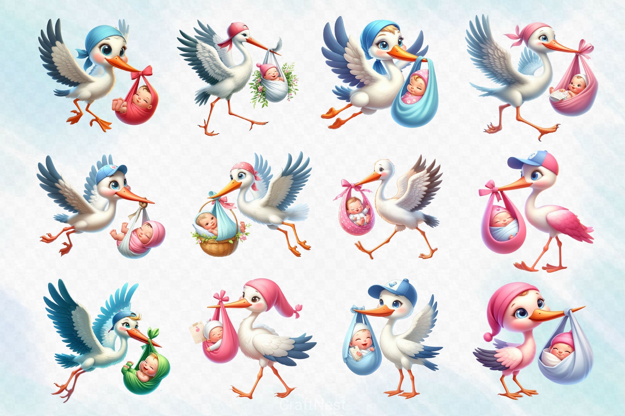 Stork And Baby Clipart Bundle 2