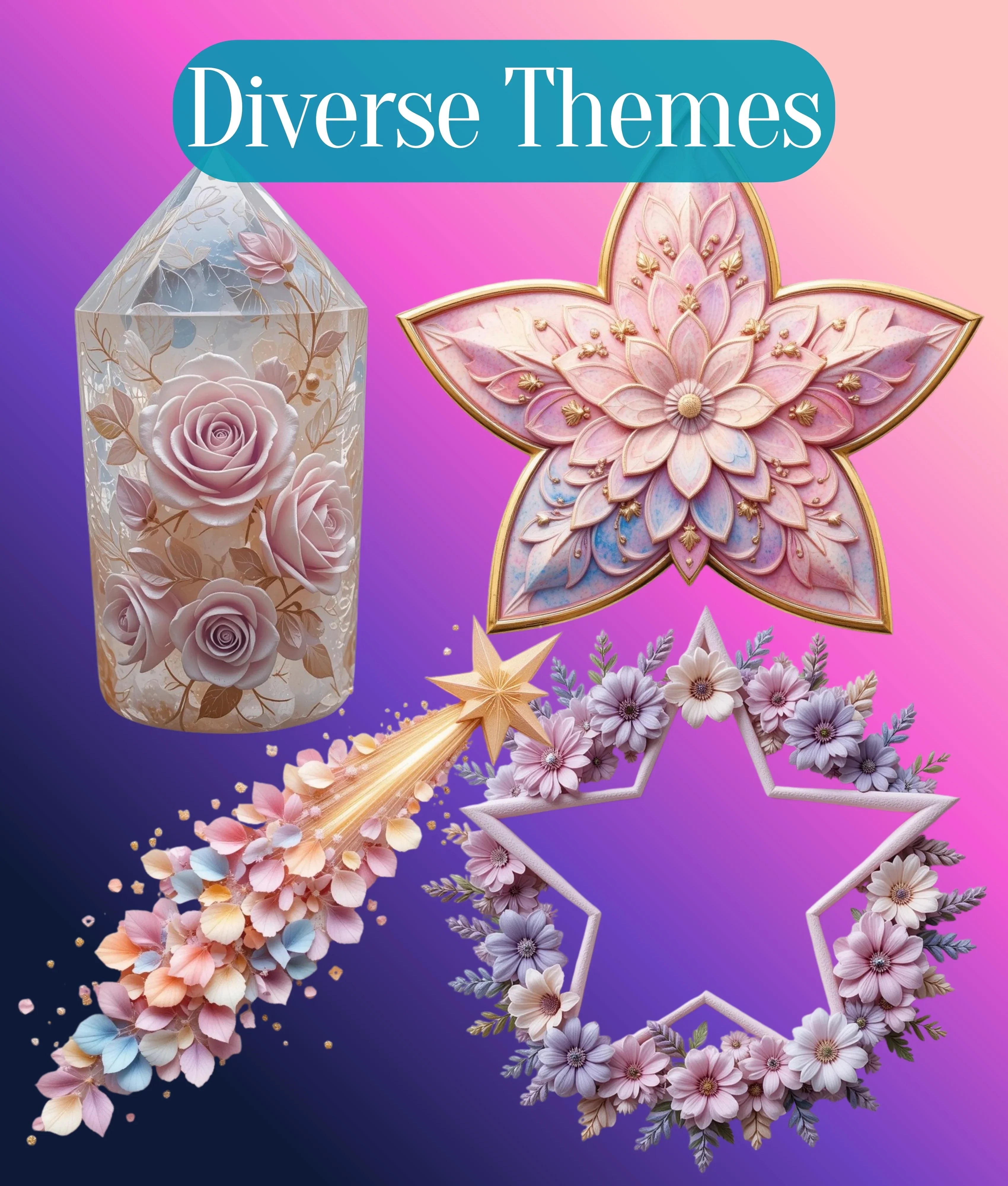 3D Ethereal Celestial Flowers Clipart Bundle - CraftNest - Digital Crafting and Art