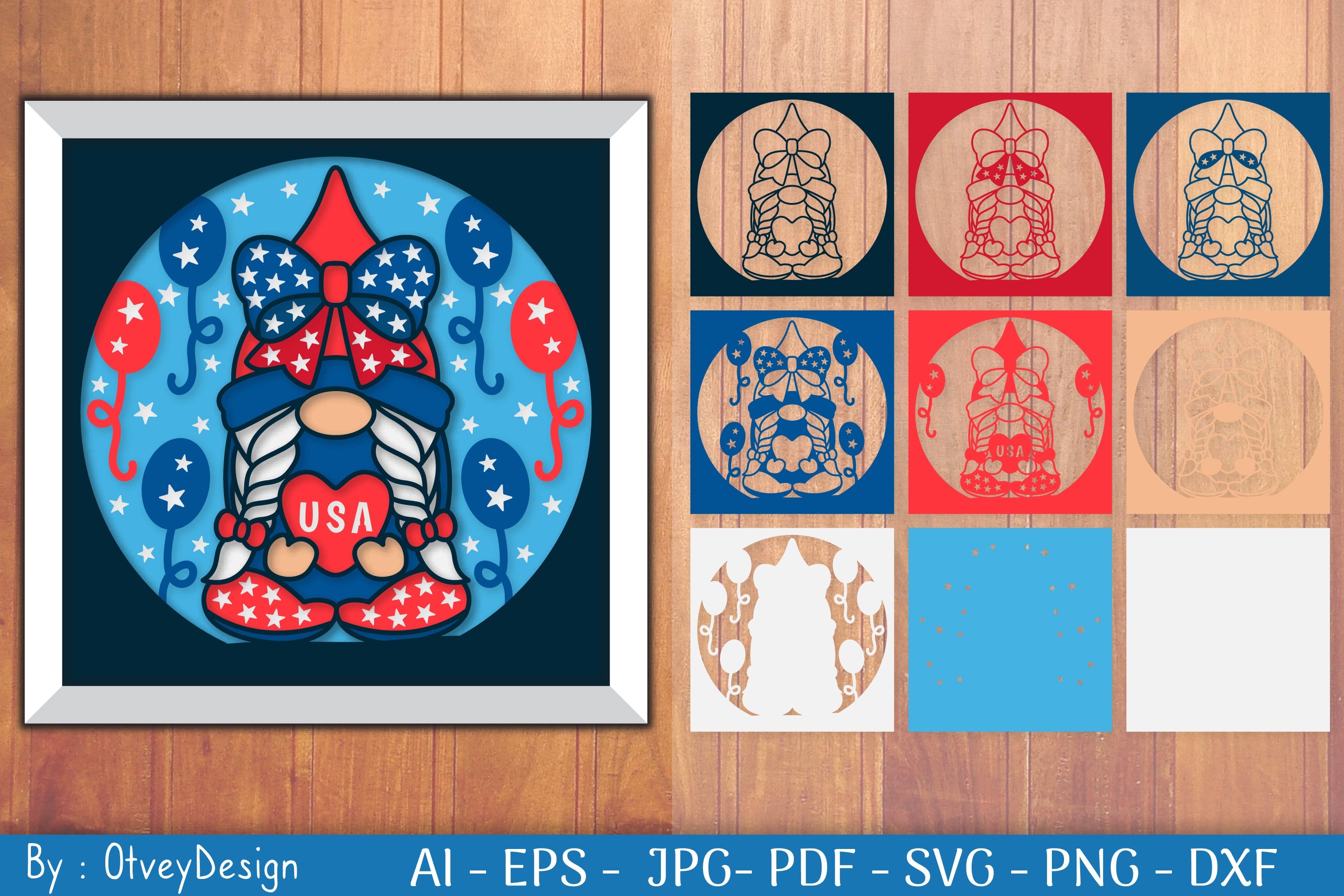 4th of July Patriotic Gnome Shadow Box SVG Bundle