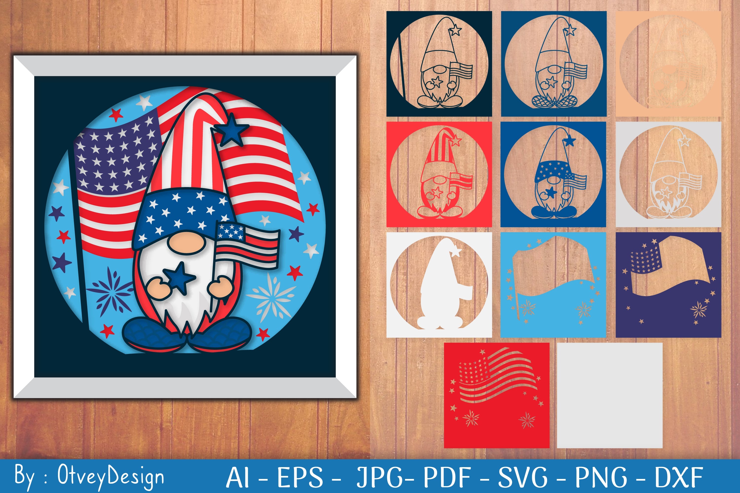 4th of July Patriotic Gnome Shadow Box SVG Bundle