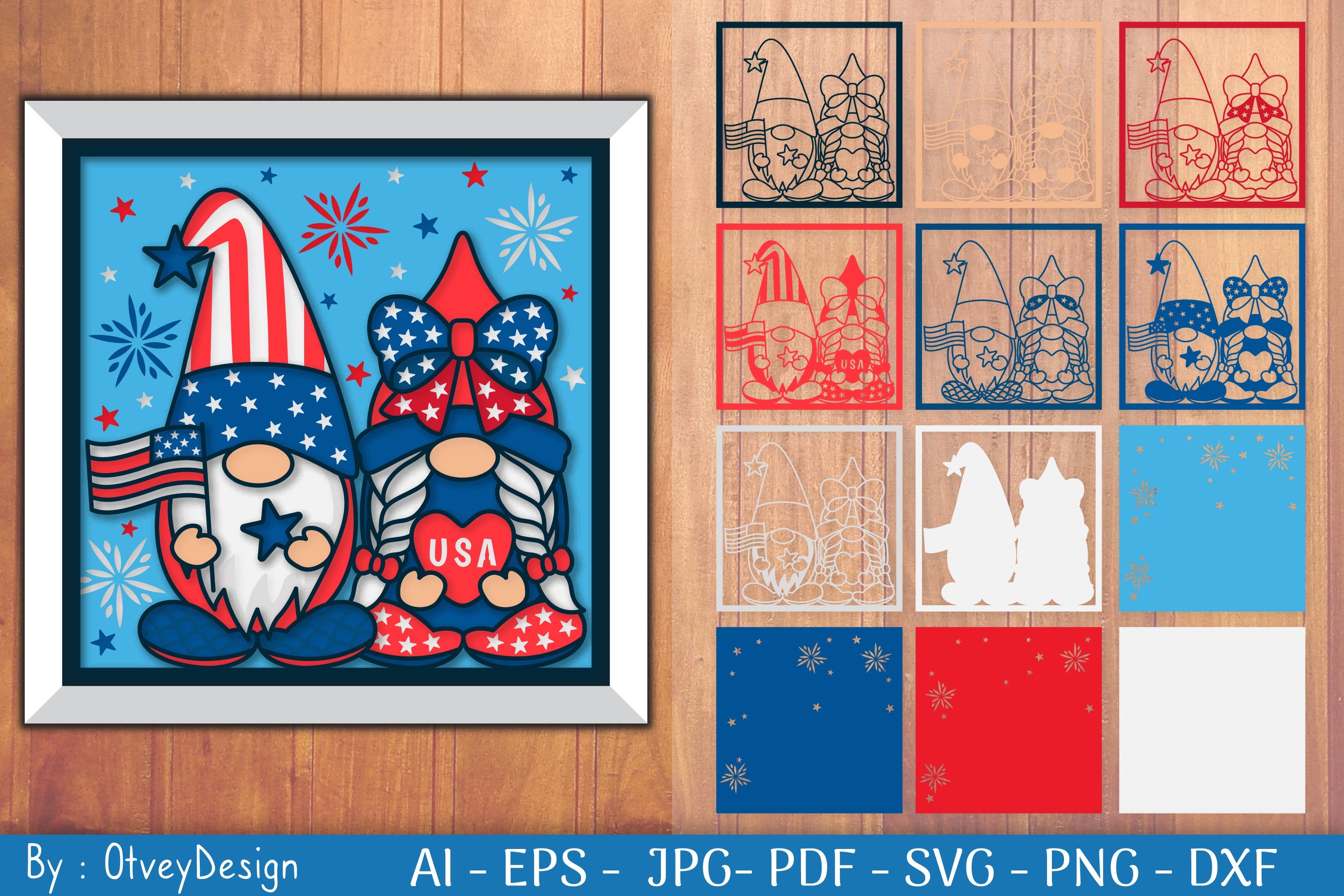 4th of July Patriotic Gnome Shadow Box SVG Bundle
