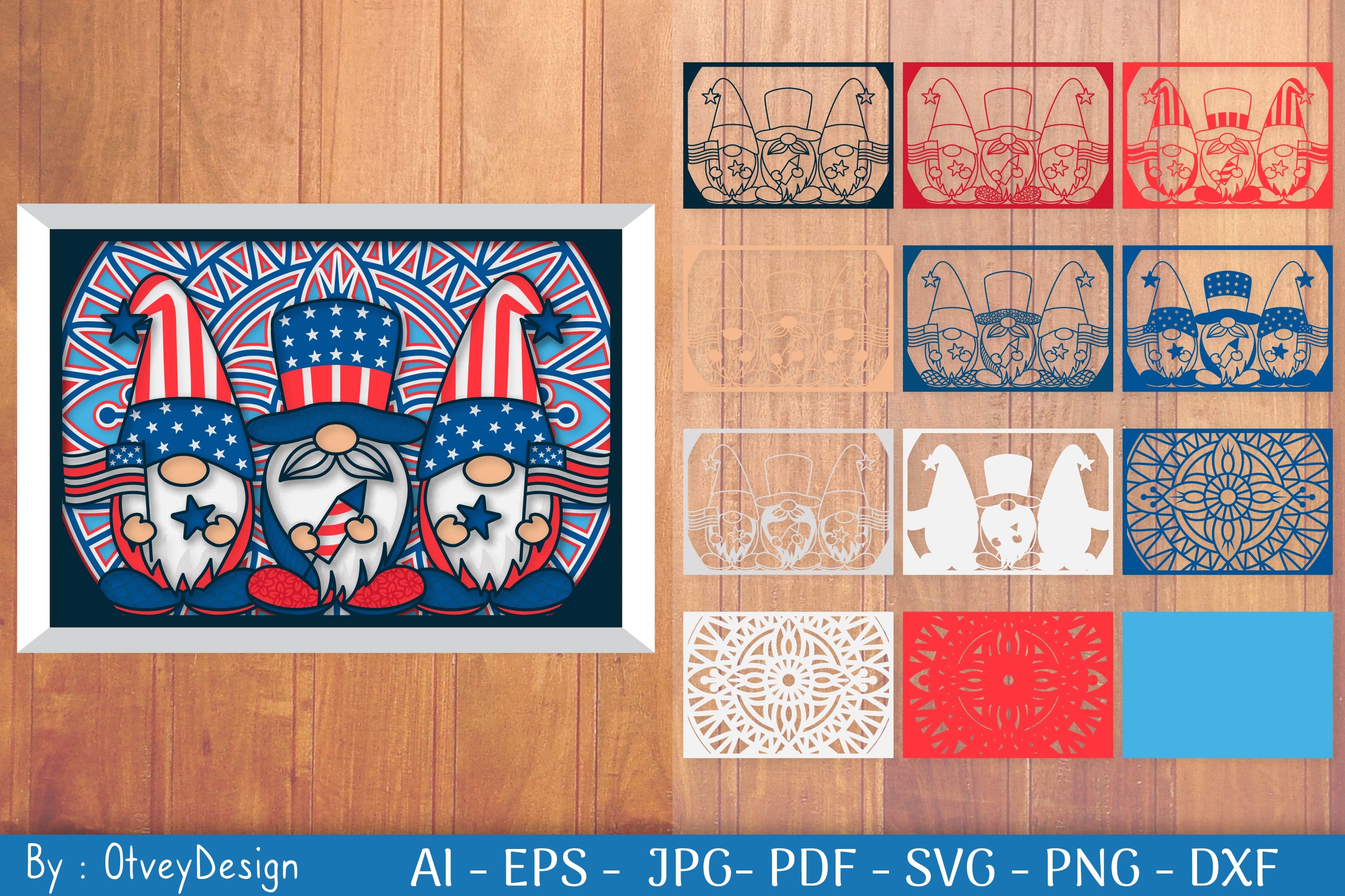 4th of July Patriotic Gnome Shadow Box SVG Bundle