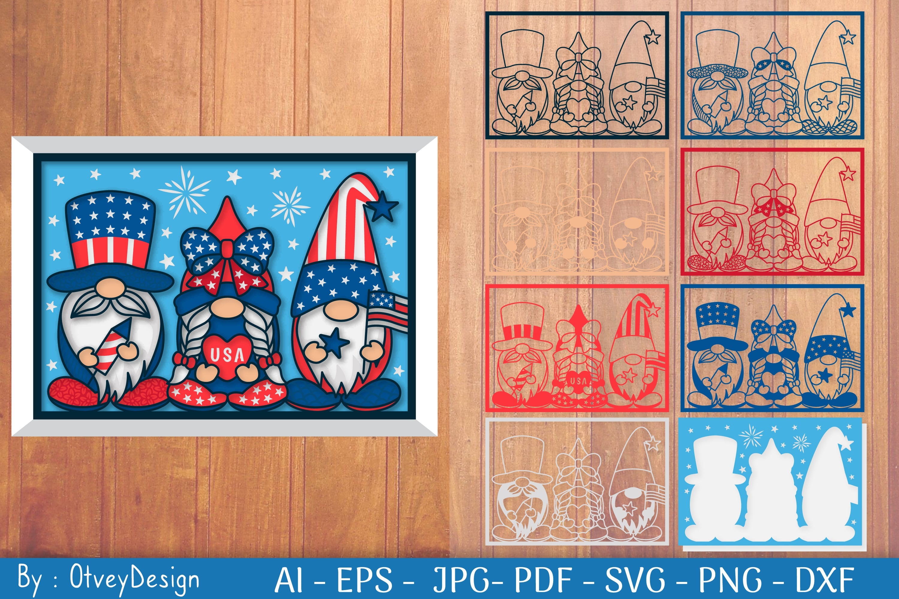 4th of July Patriotic Gnome Shadow Box SVG Bundle