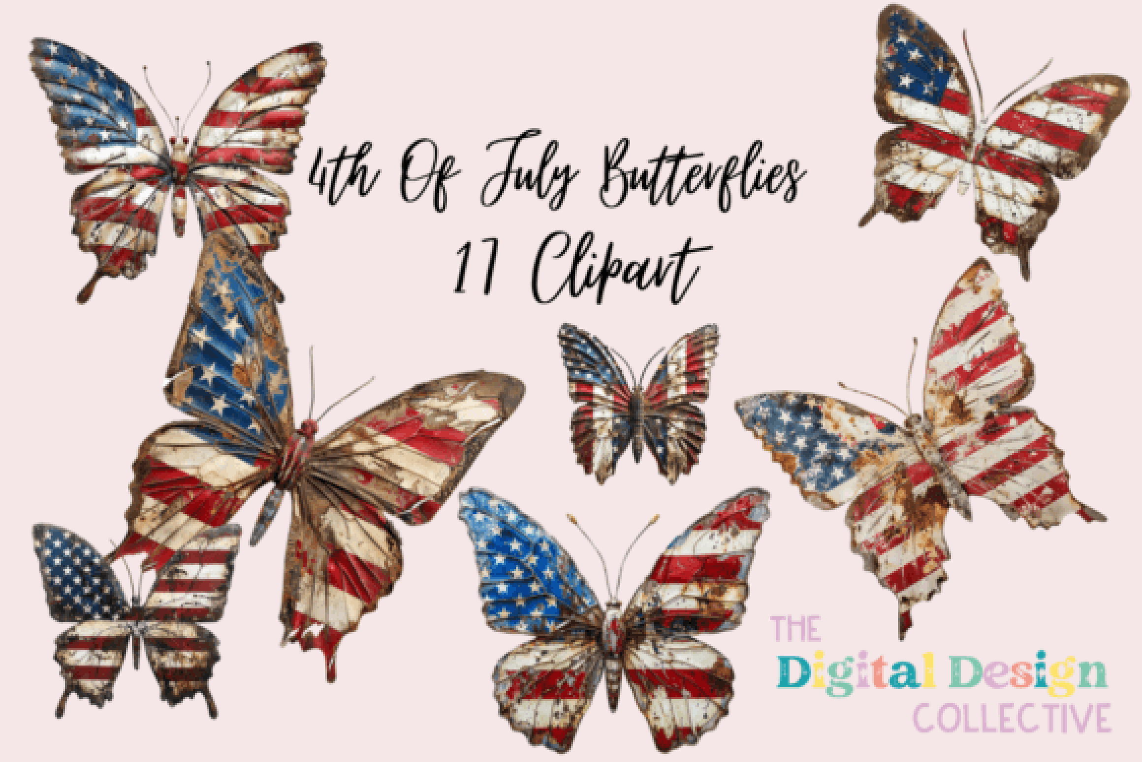 4th of July Floral Butterflies Clipart Bundle