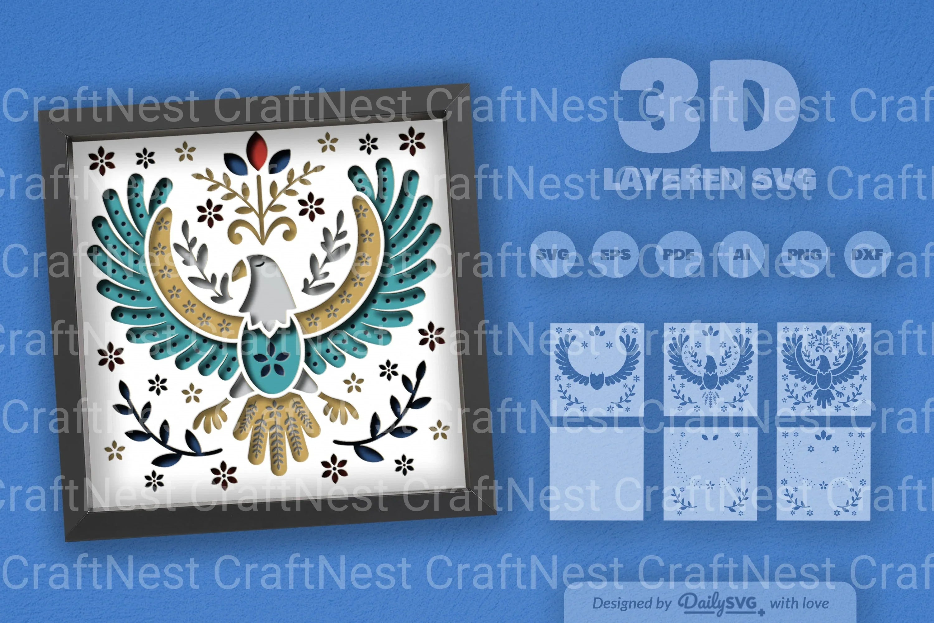 4th July Eagle Folk Art Papercut Shadow Box SVG Bundle