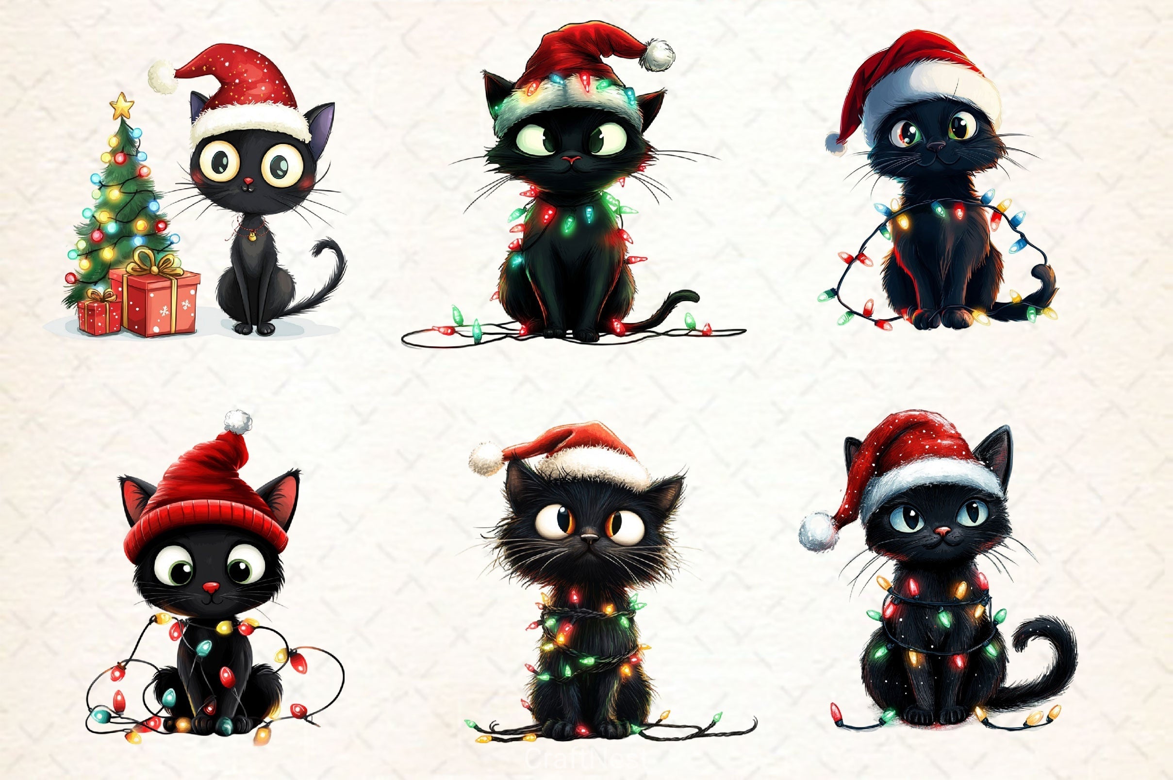 Funny Christmas Black Cat Clipart Bundle 4