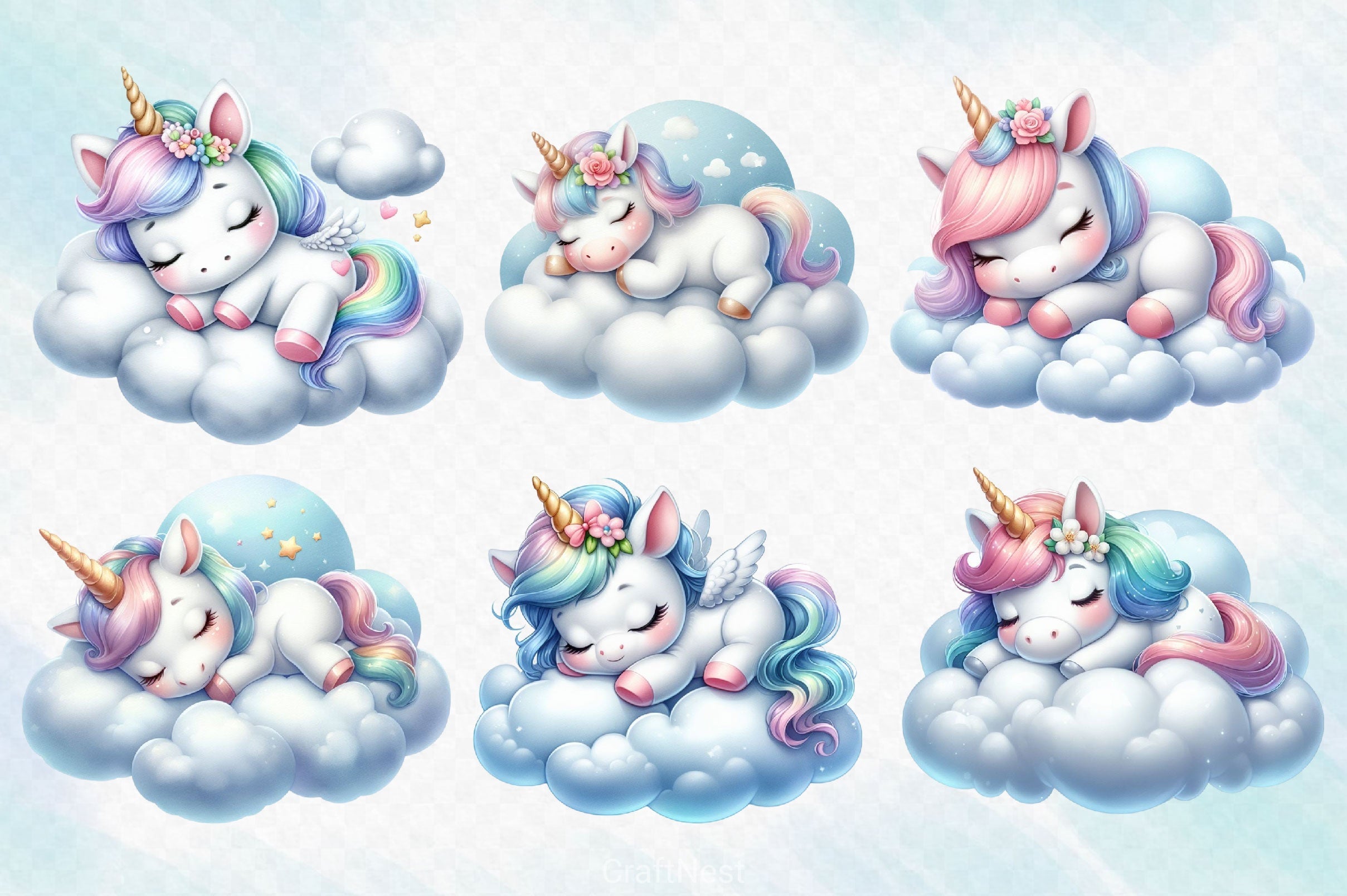 Sleeping Baby Unicorn Clipart Bundle 2