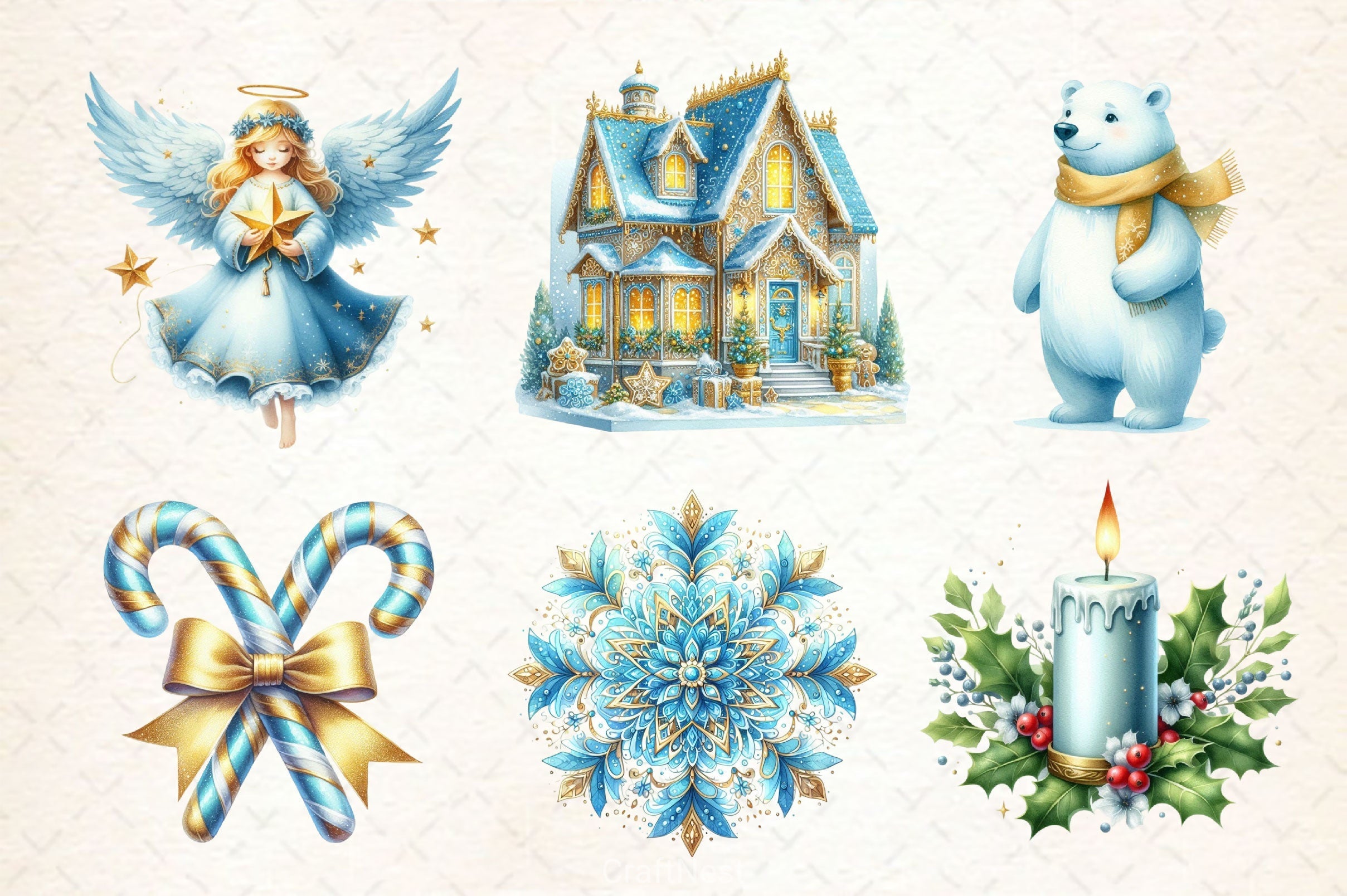 Light Blue Gold Christmas Clipart Bundle 2