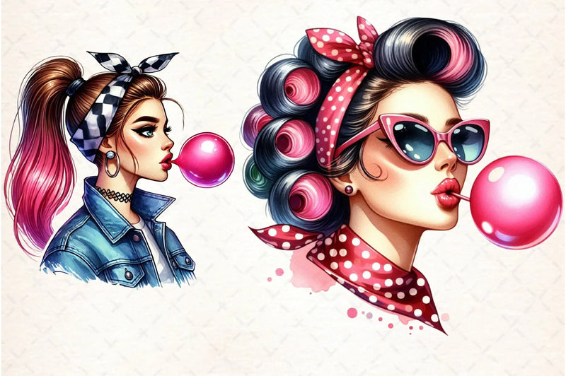 Retro Girl Bubblegum Clipart Bundle - CraftNest - Digital Crafting and Art