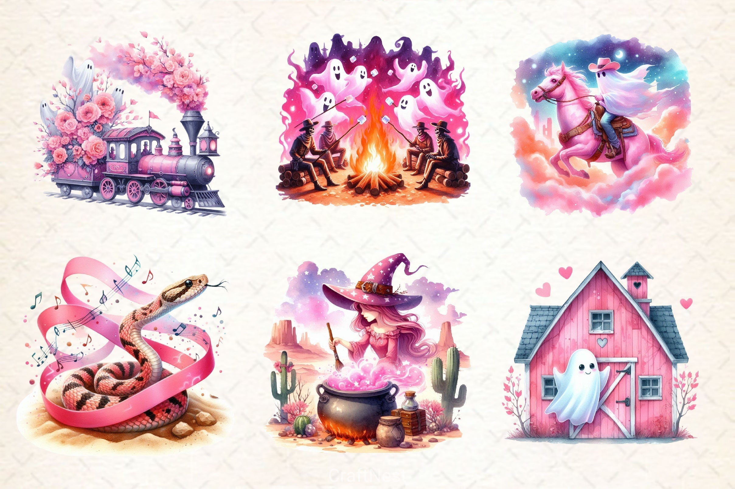 Pink Spooky Western Clipart Bundle