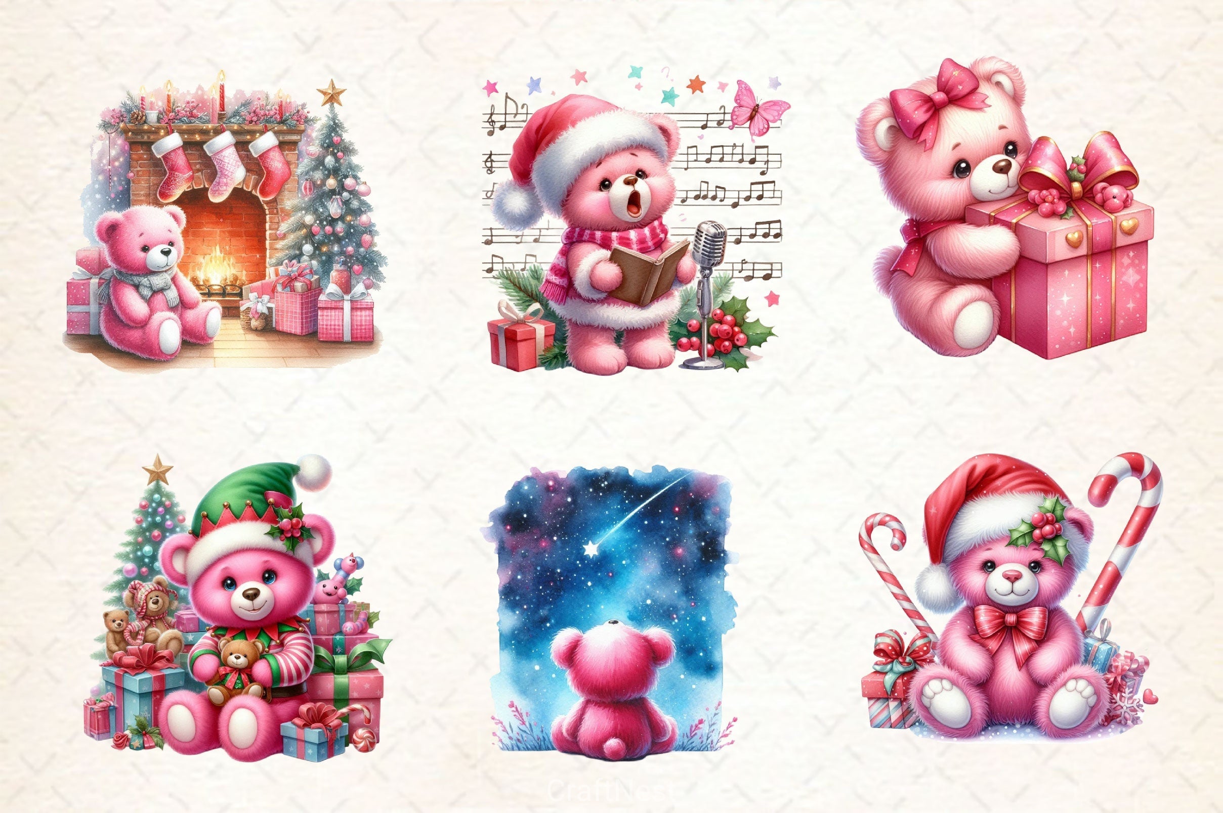 Pink Christmas Teddy Bear Clipart Bundle
