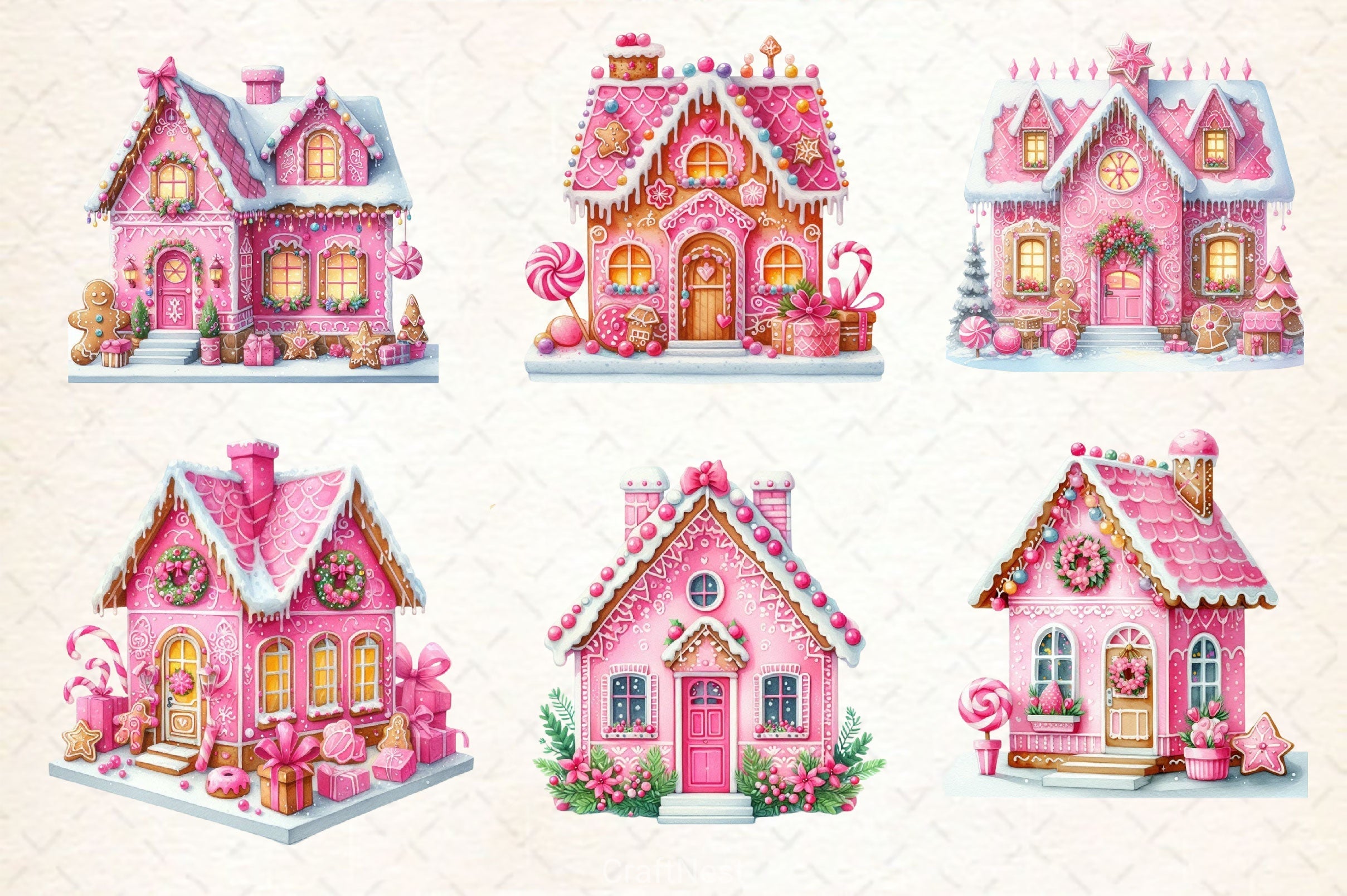 Pink Christmas Gingerbread House Clipart Bundle