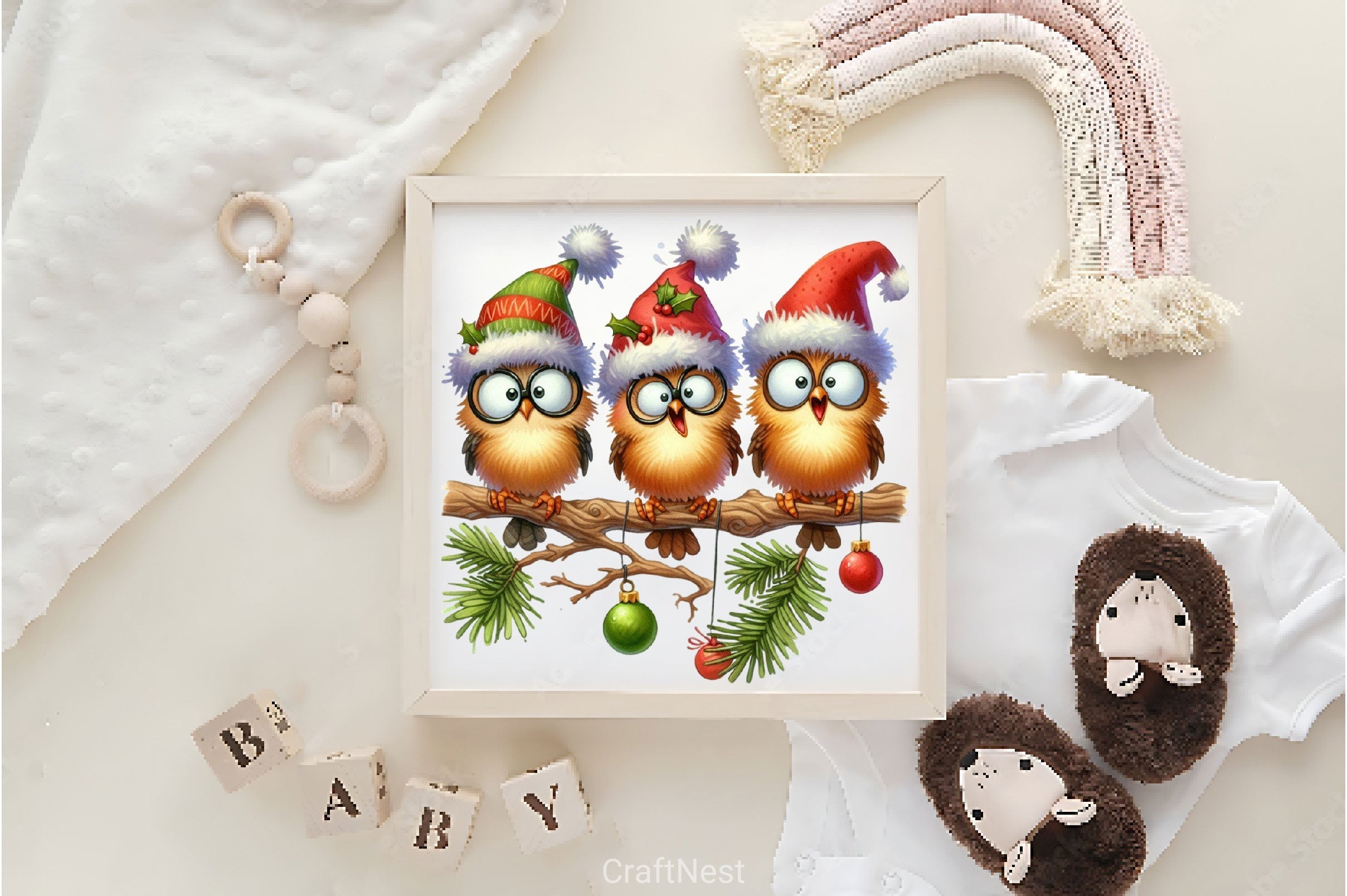 Christmas Funny Birds On Branch Clipart Bundle 2